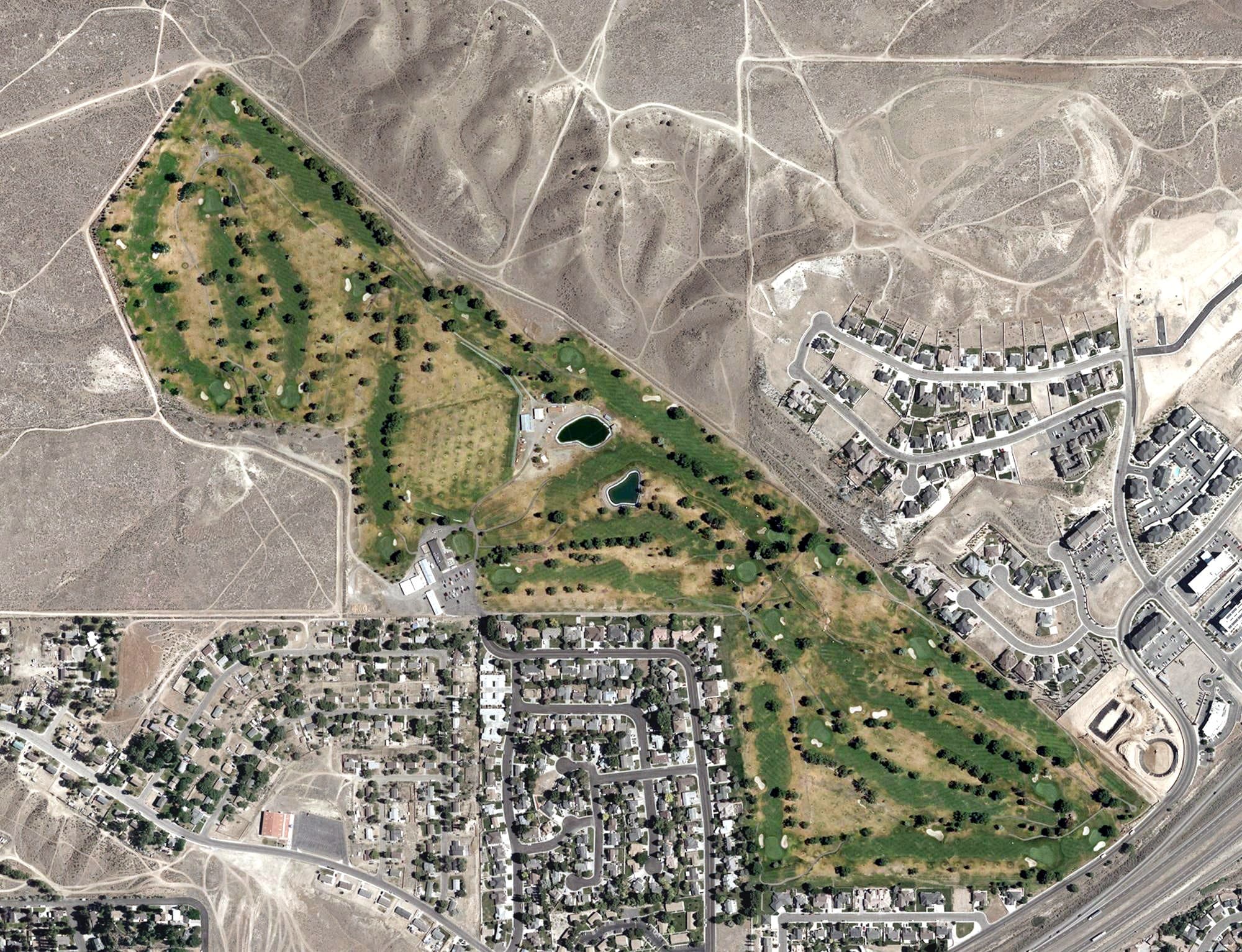 Aerial view of Ruby View Golf Course, NV, with its hole routing marked