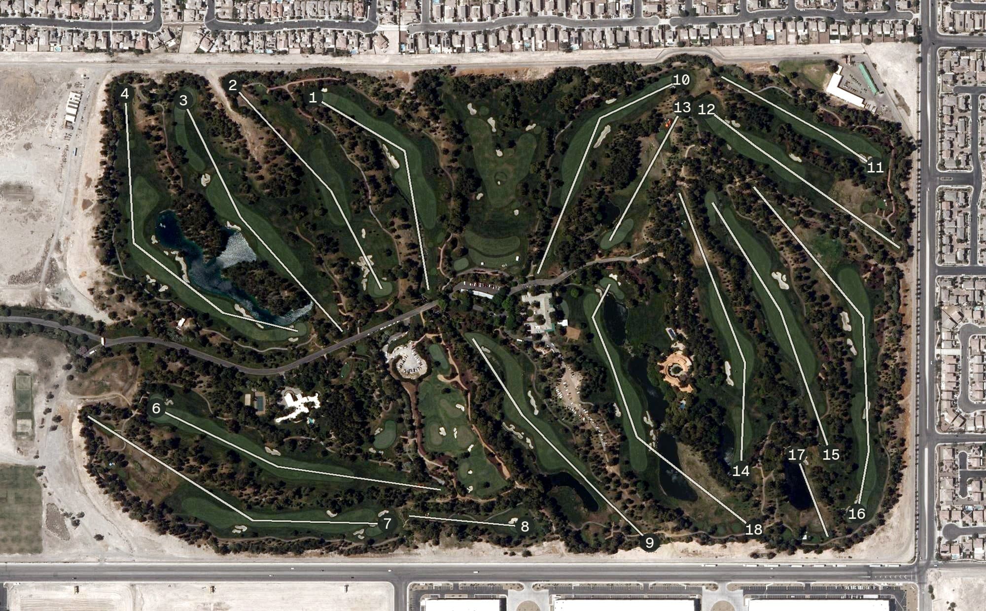 Aerial view of Shadow Creek Golf Course, NV, with its hole routing marked