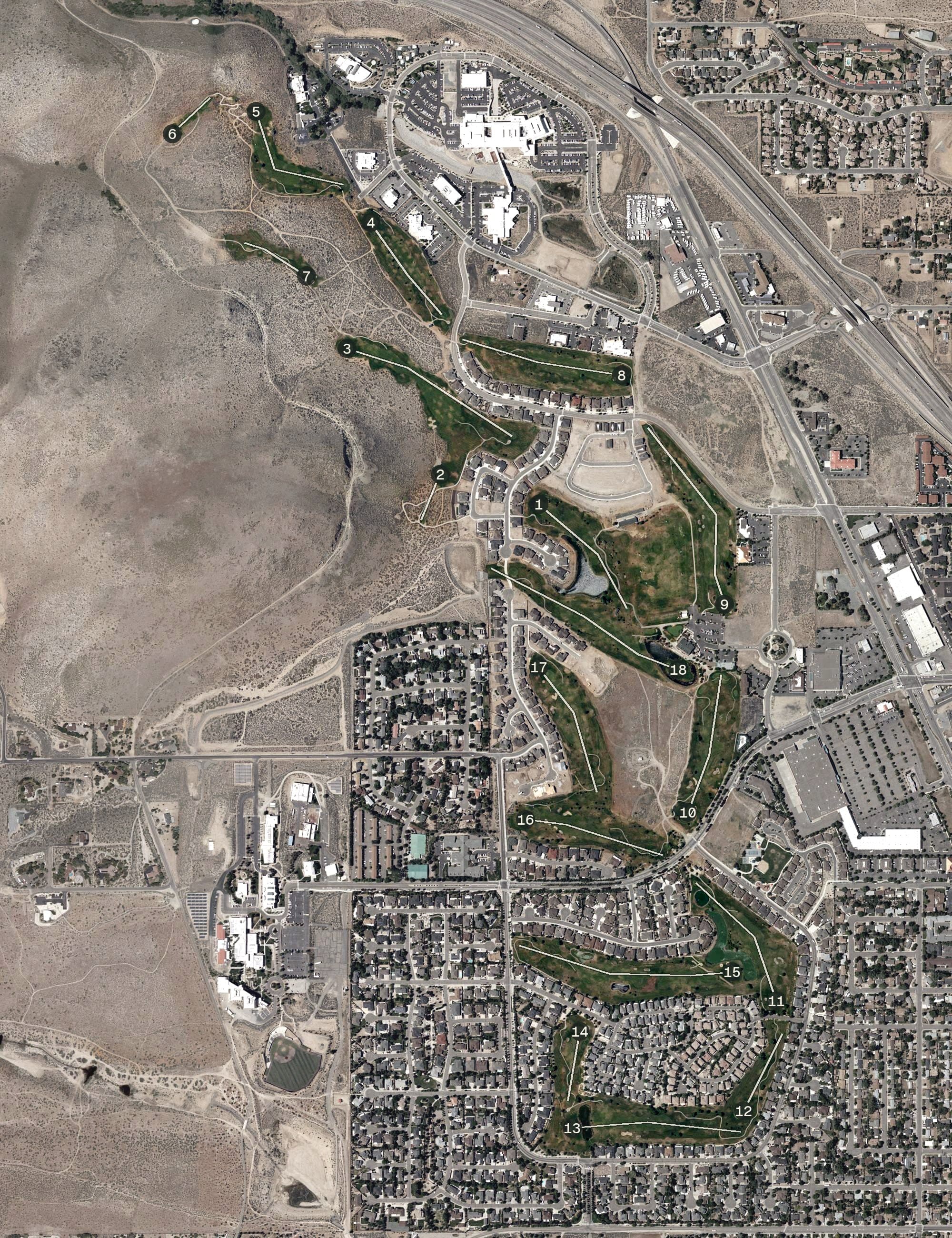 Aerial view of Silver Oak Golf, NV, with its hole routing marked