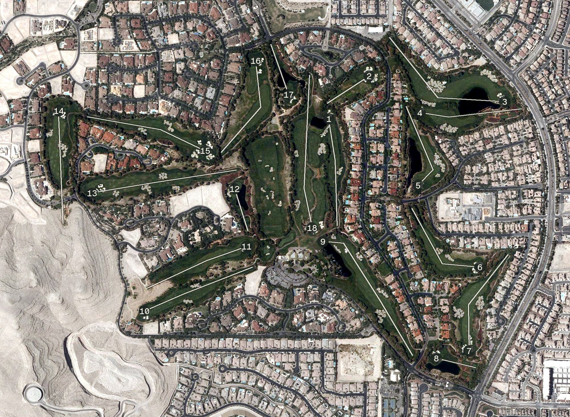Aerial view of Southern Highlands Golf Club, NV, with its hole routing marked