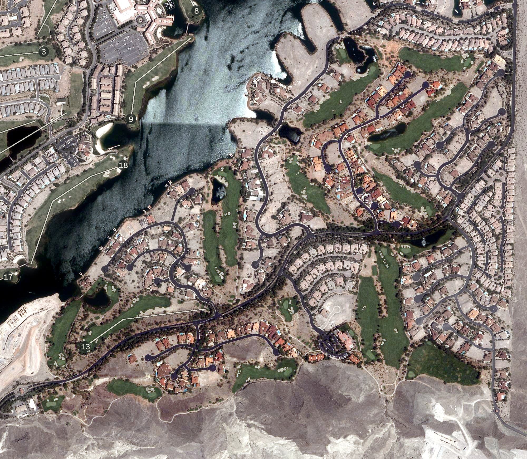 Aerial view of SouthShore Golf Club at Lake Las Vegas, NV, with its hole routing marked
