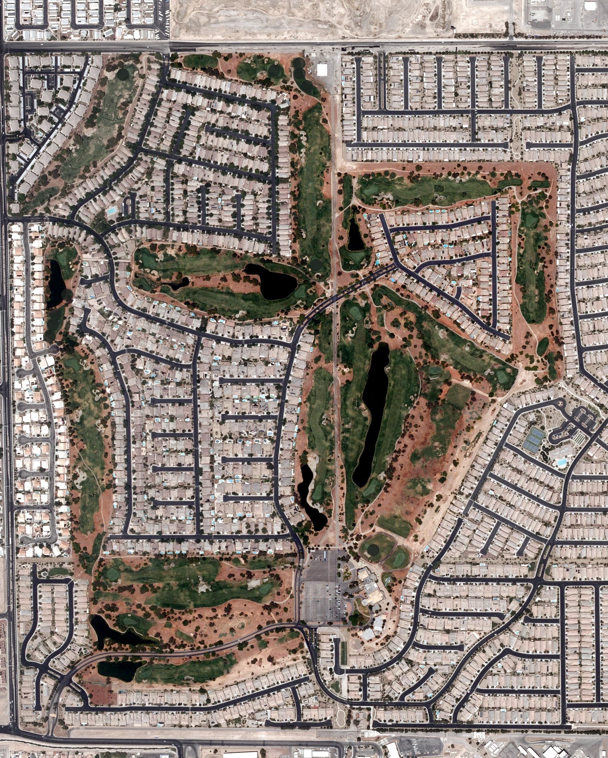 Aerial view of Stallion Mountain, NV, with its hole routing marked