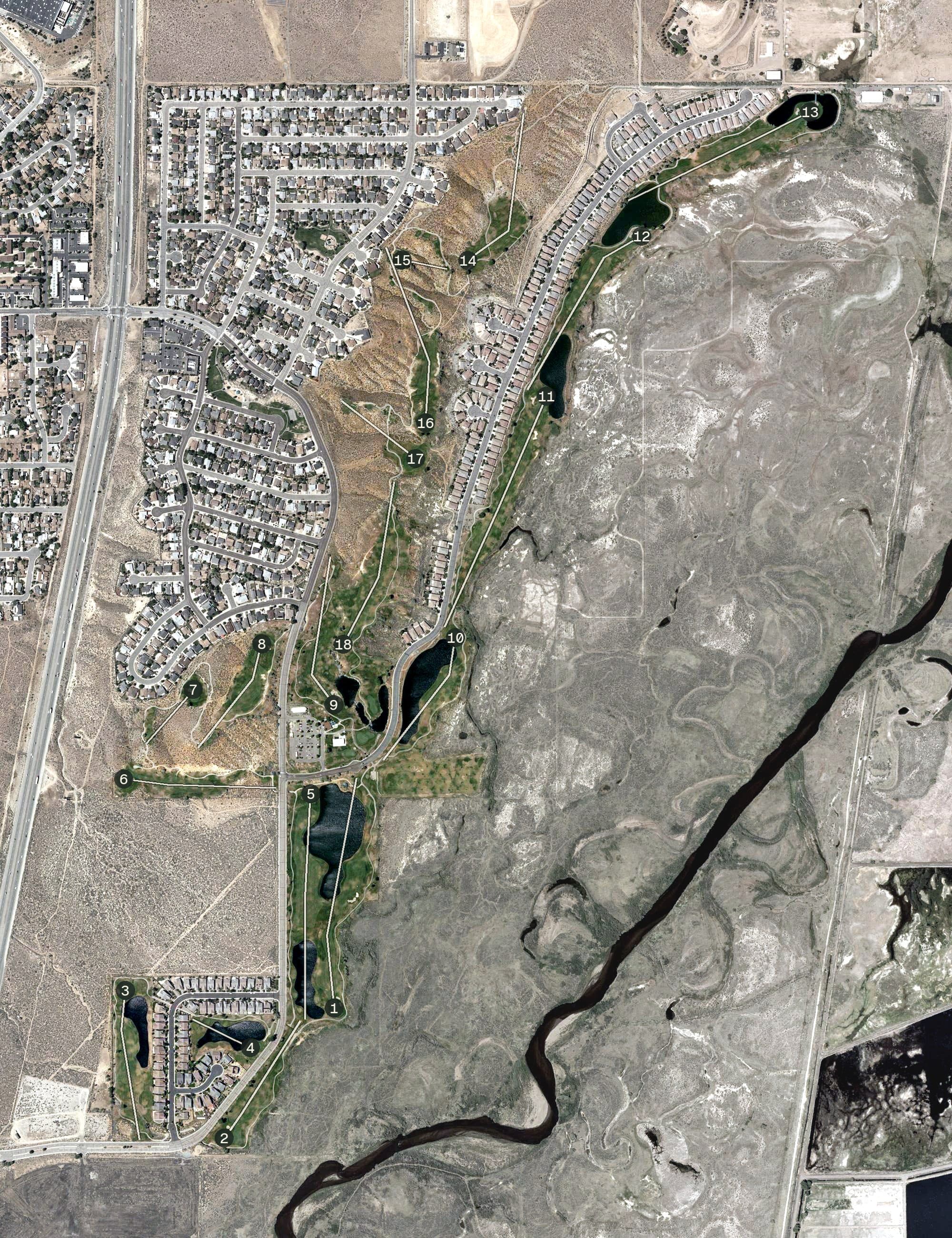 Aerial view of Sunridge Golf Club, NV, with its hole routing marked
