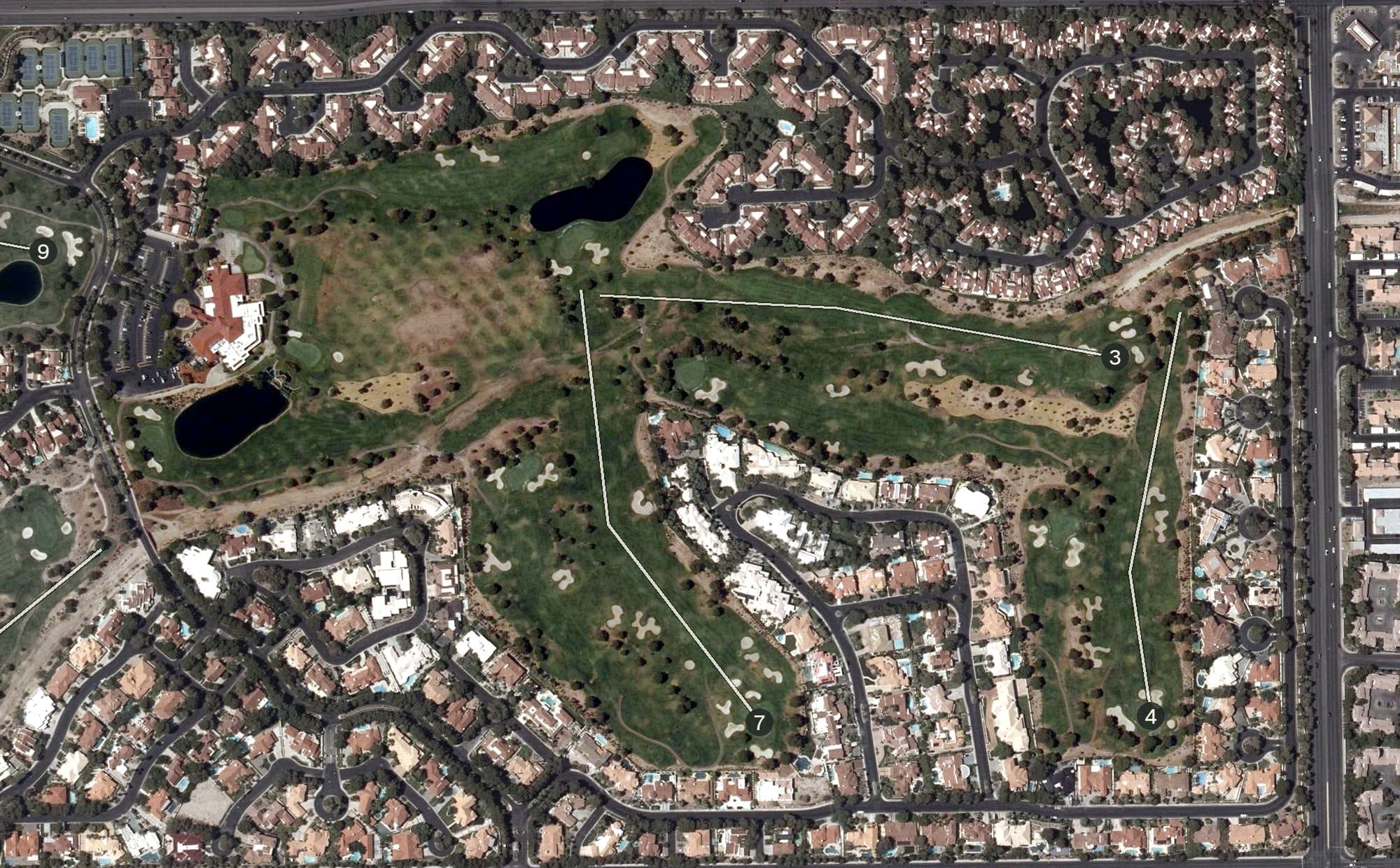 Aerial view of Sunrise Course, NV, with its hole routing marked