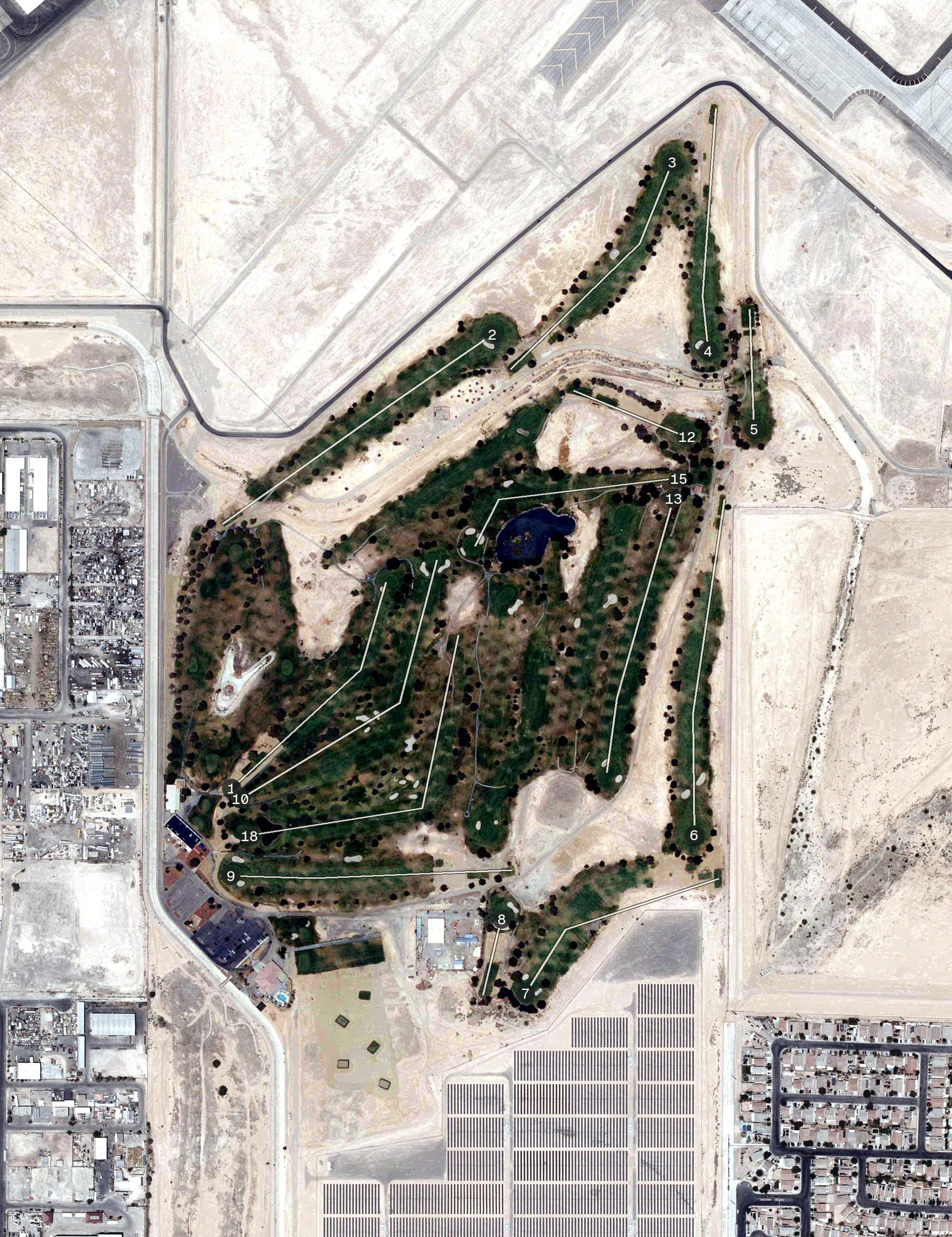 Aerial view of Sunrise Vista Golf Course (Nellis Air Force Base), NV, with its hole routing marked