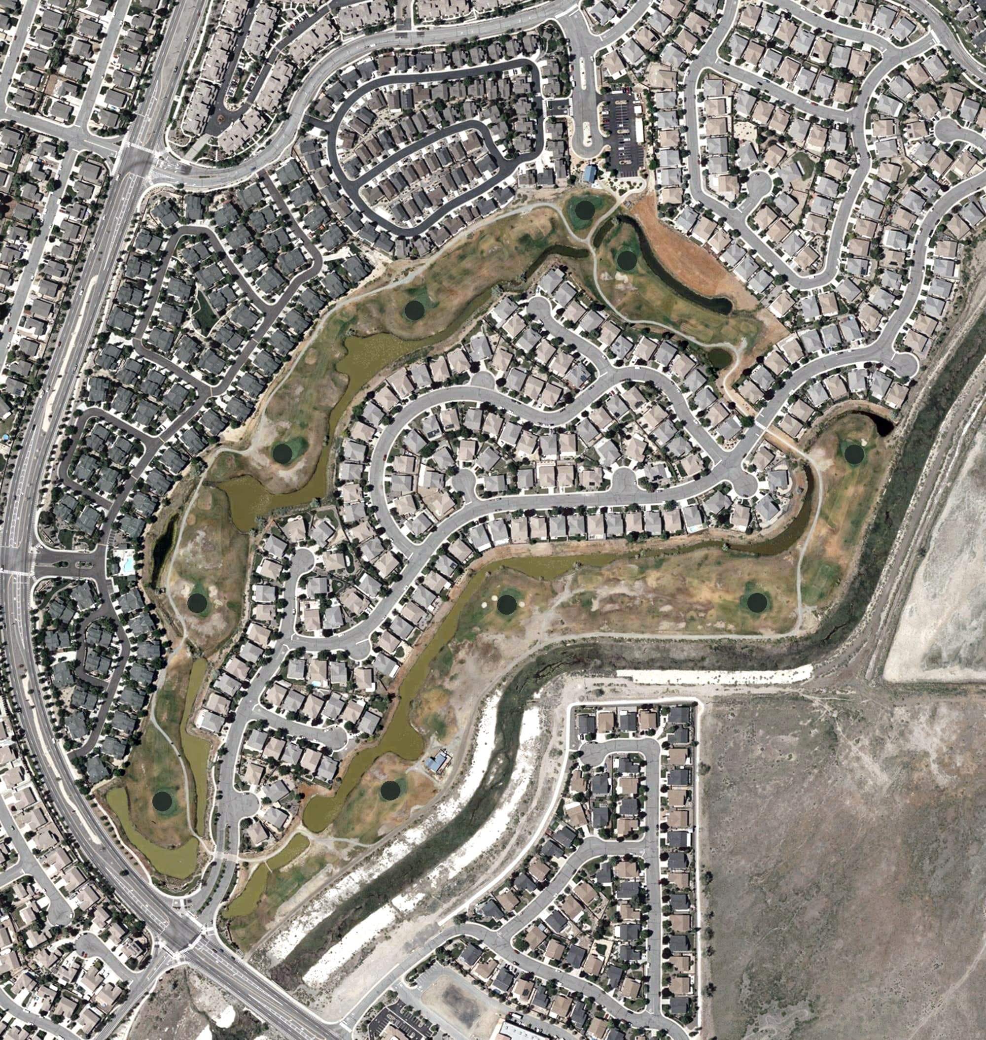 Aerial view of The Links at Kiley Ranch, NV, with its hole routing marked