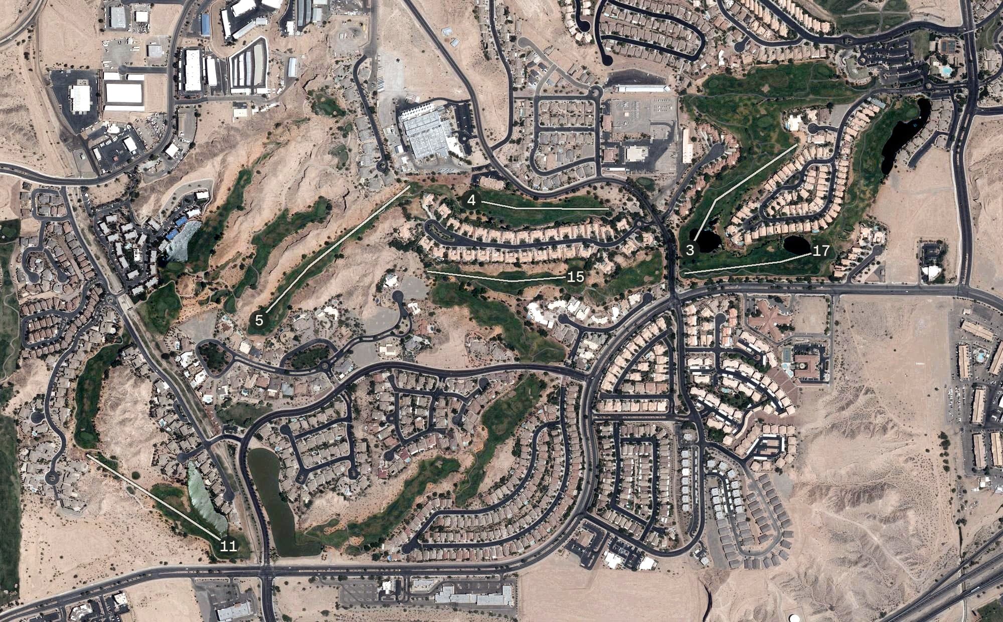Aerial view of The Oasis - Palmer Course, NV, with its hole routing marked