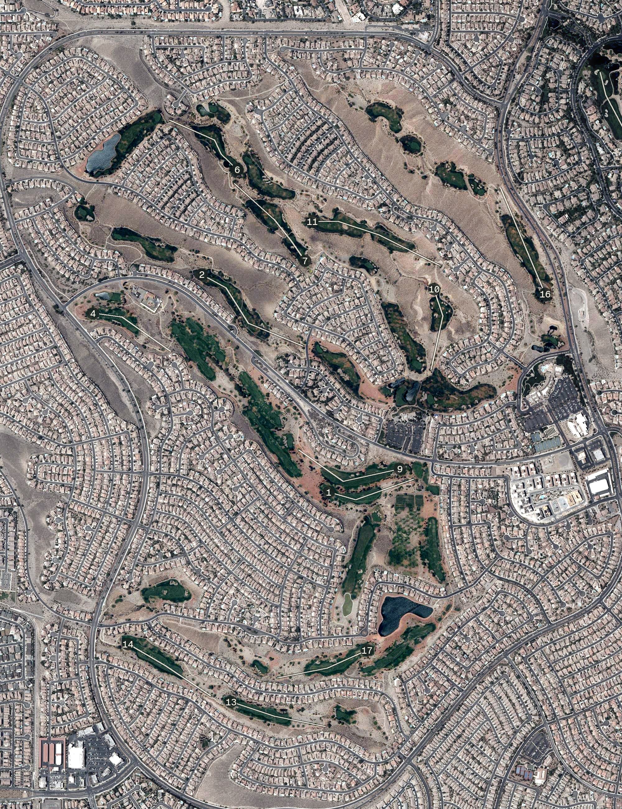 Aerial view of The Revere Golf Club, NV, with its hole routing marked