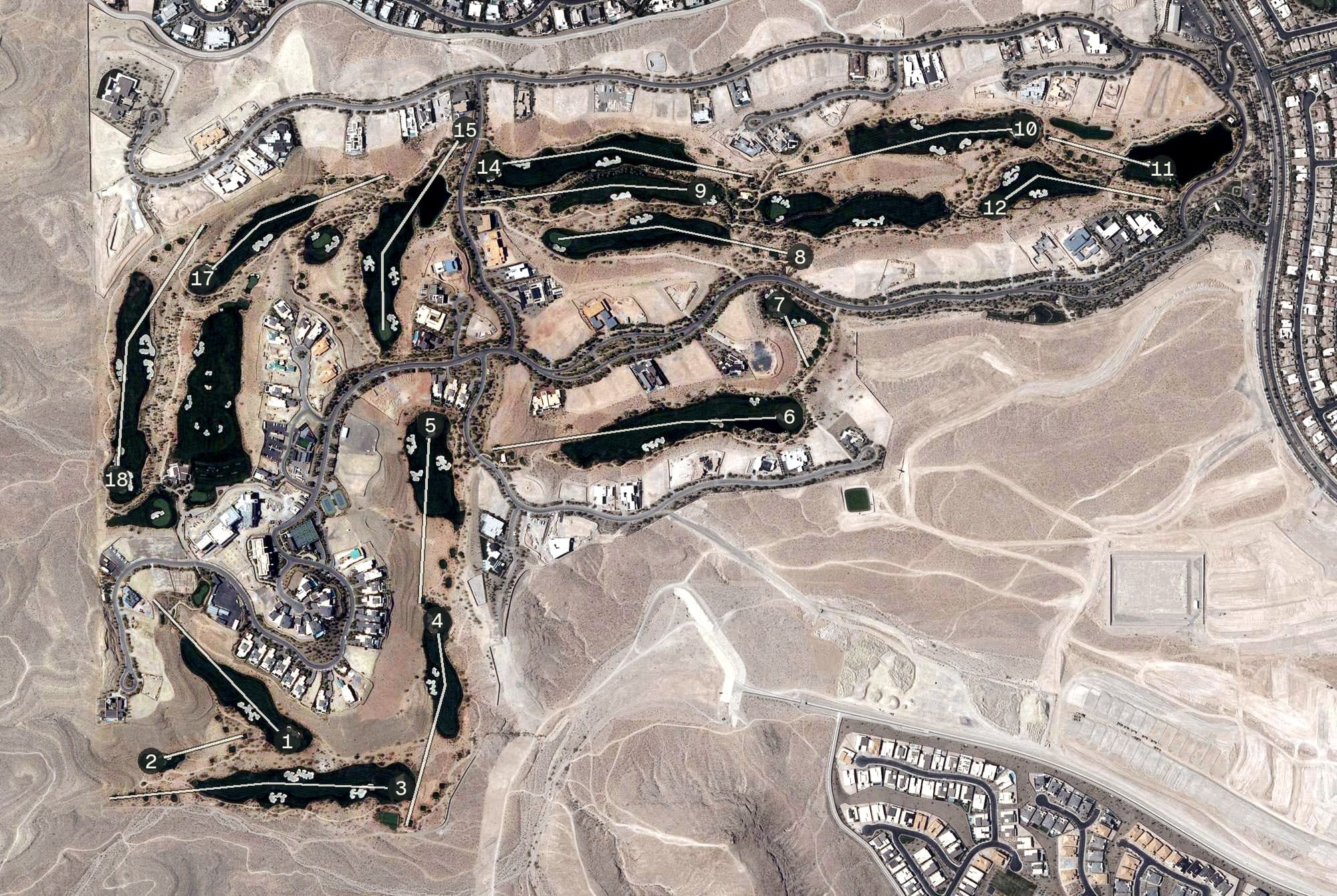 Aerial view of The Summit Club, NV, with its hole routing marked