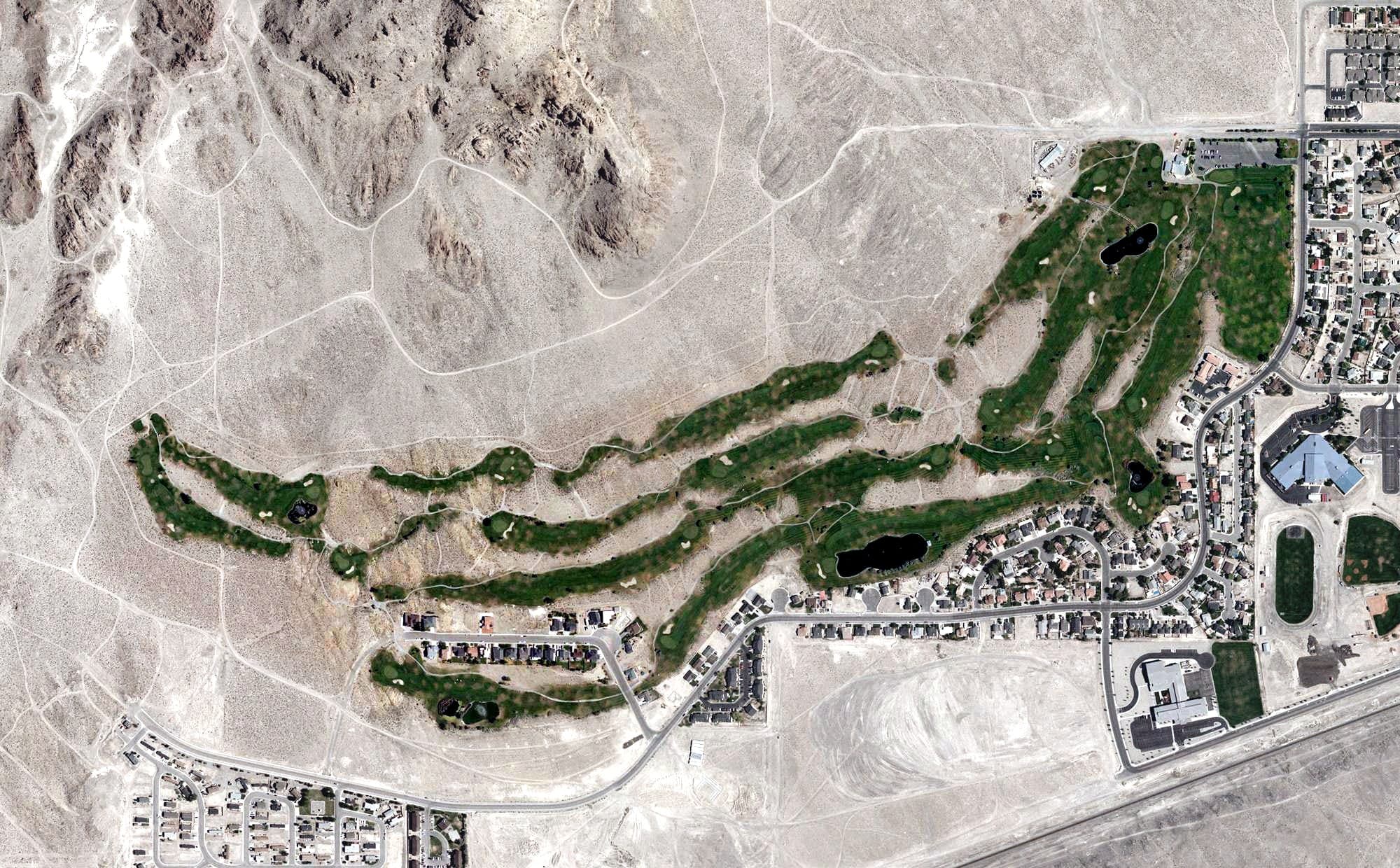 Aerial view of Toana Vista Golf Course, NV, with its hole routing marked
