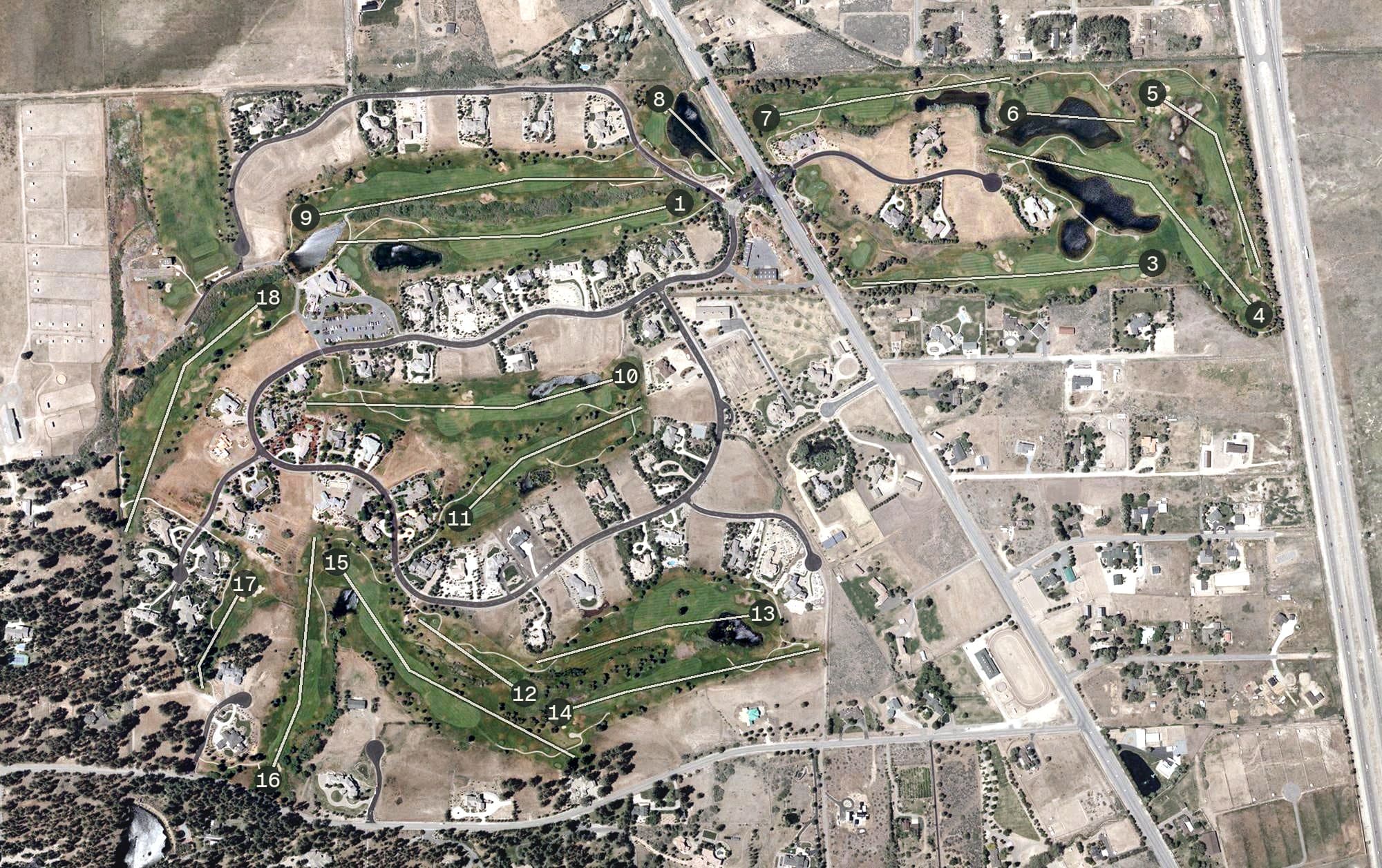 Aerial view of Toiyabe Golf Club, NV, with its hole routing marked