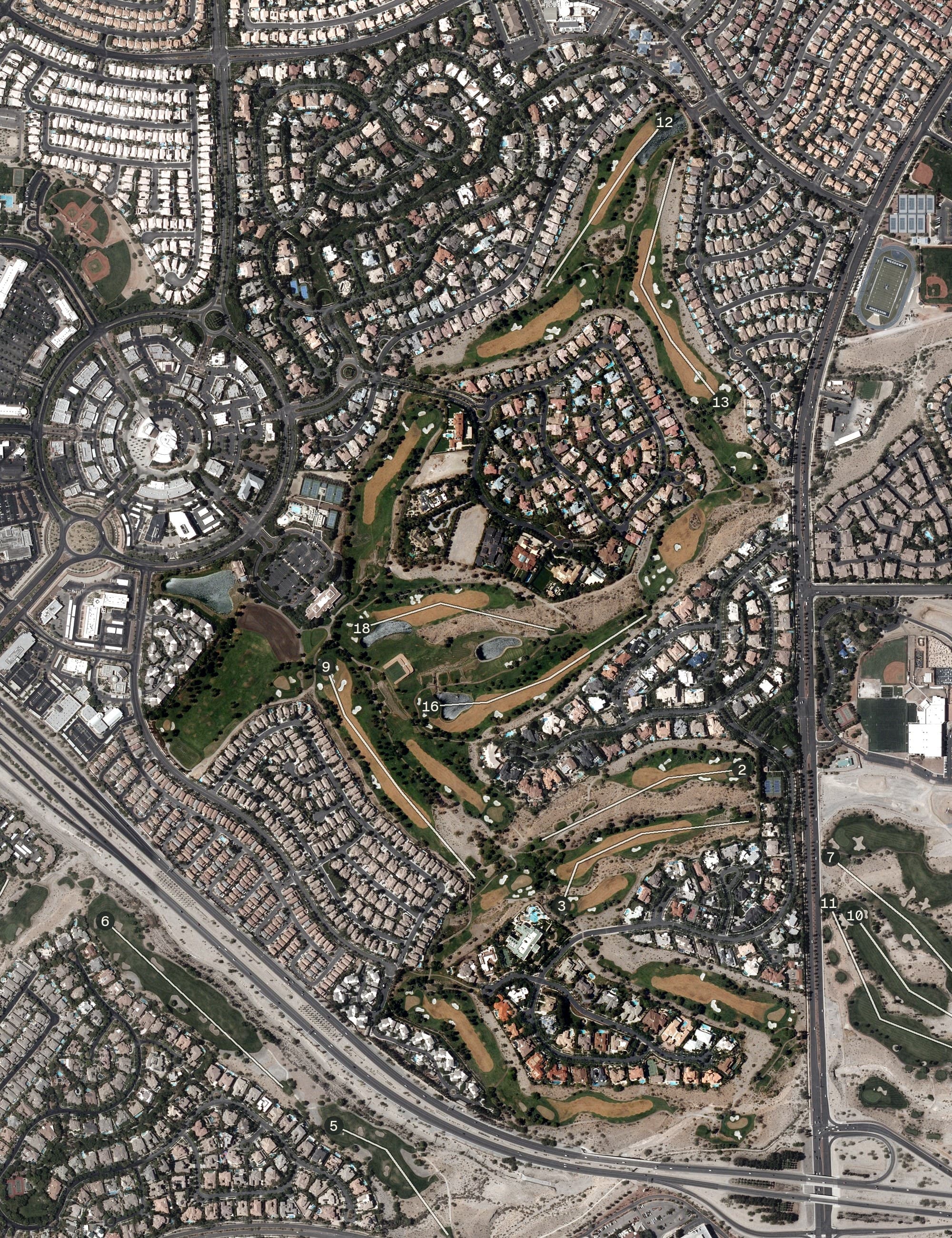 Aerial view of TPC Summerlin, NV, with its hole routing marked