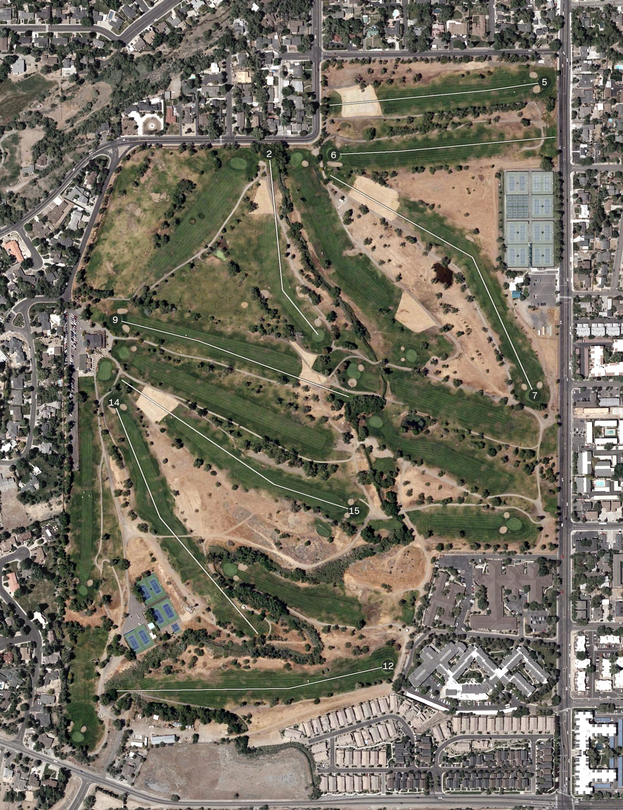 Aerial view of Washoe Golf Course, NV, with its hole routing marked