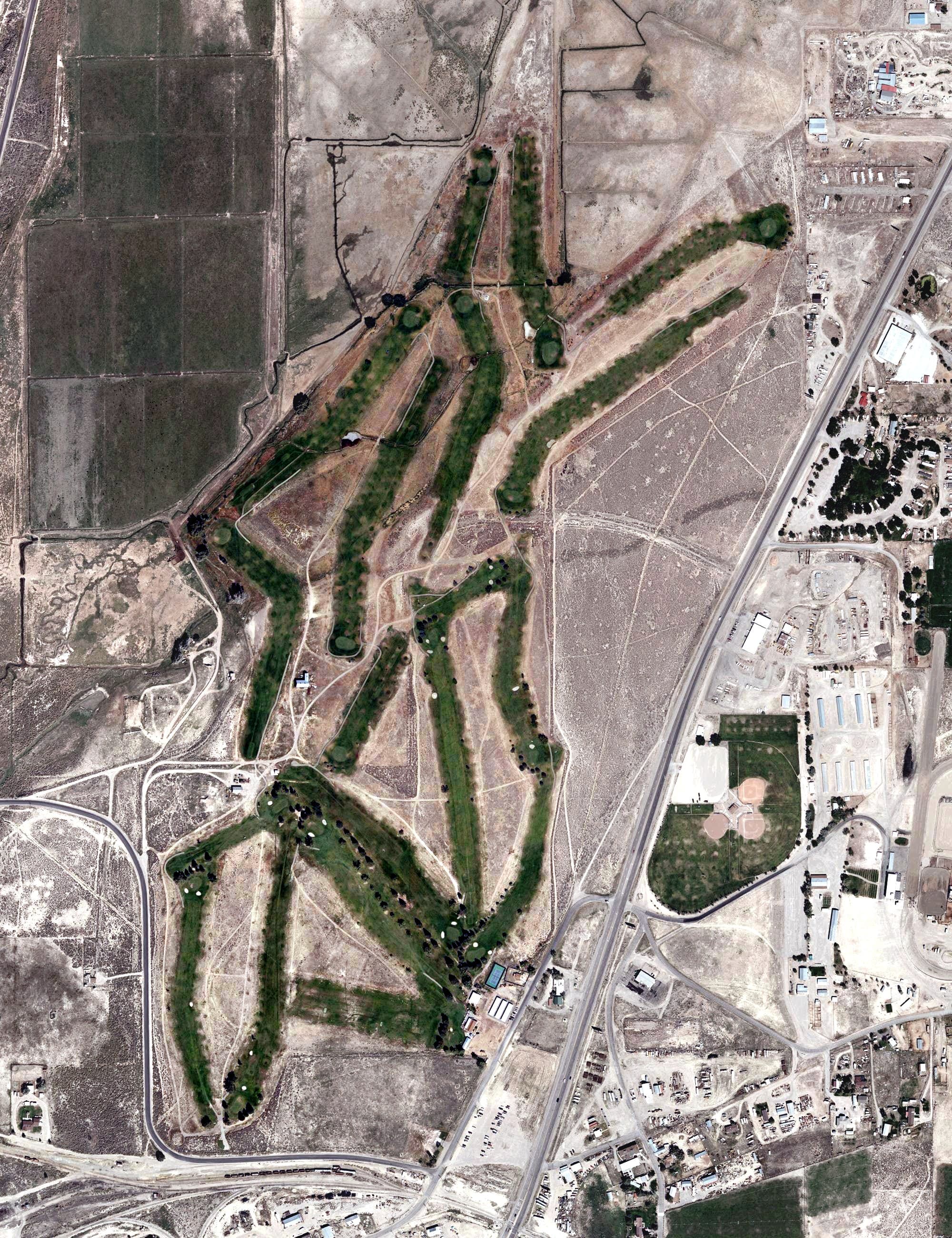 Aerial view of White Pine Golf Course, NV, with its hole routing marked