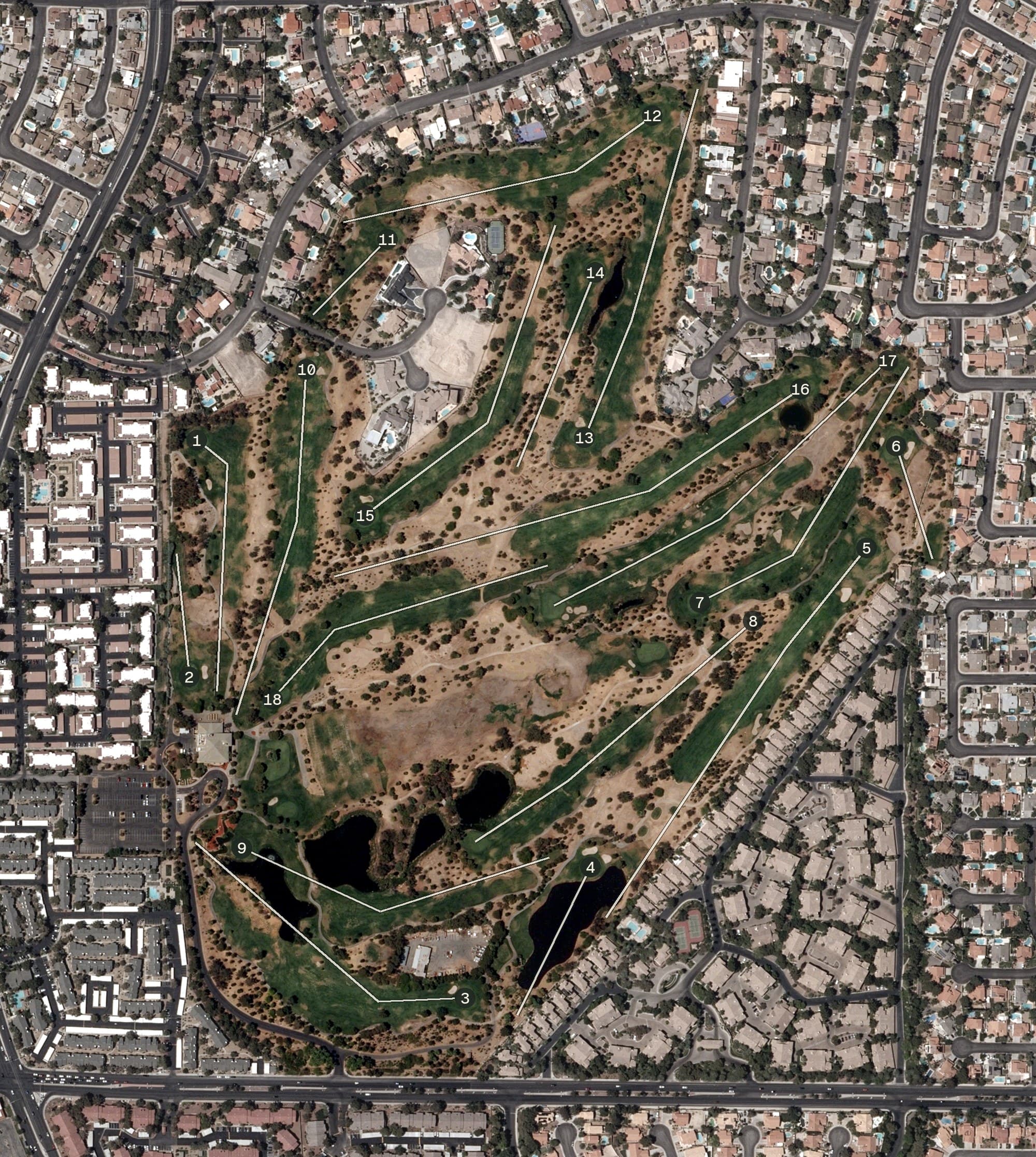 Aerial view of Wildhorse Golf Club, NV, with its hole routing marked