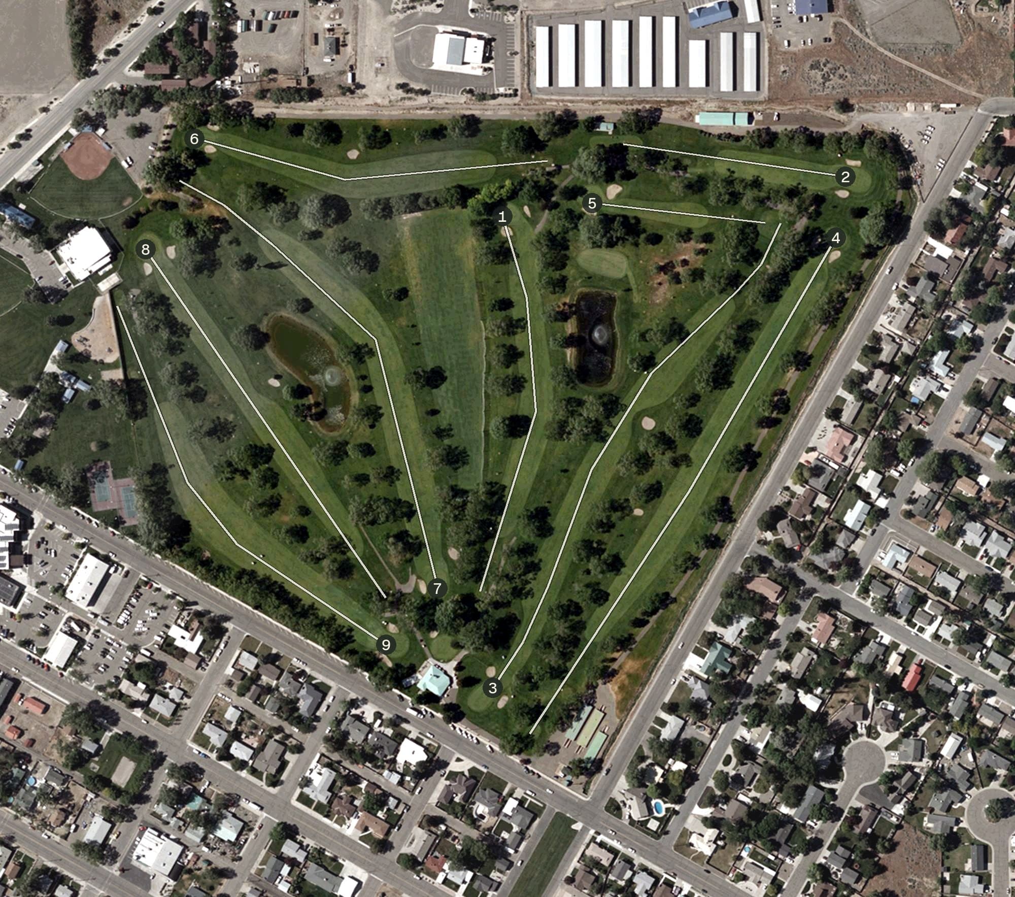 Aerial view of Winnemucca Municipal Golf Course, NV, with its hole routing marked