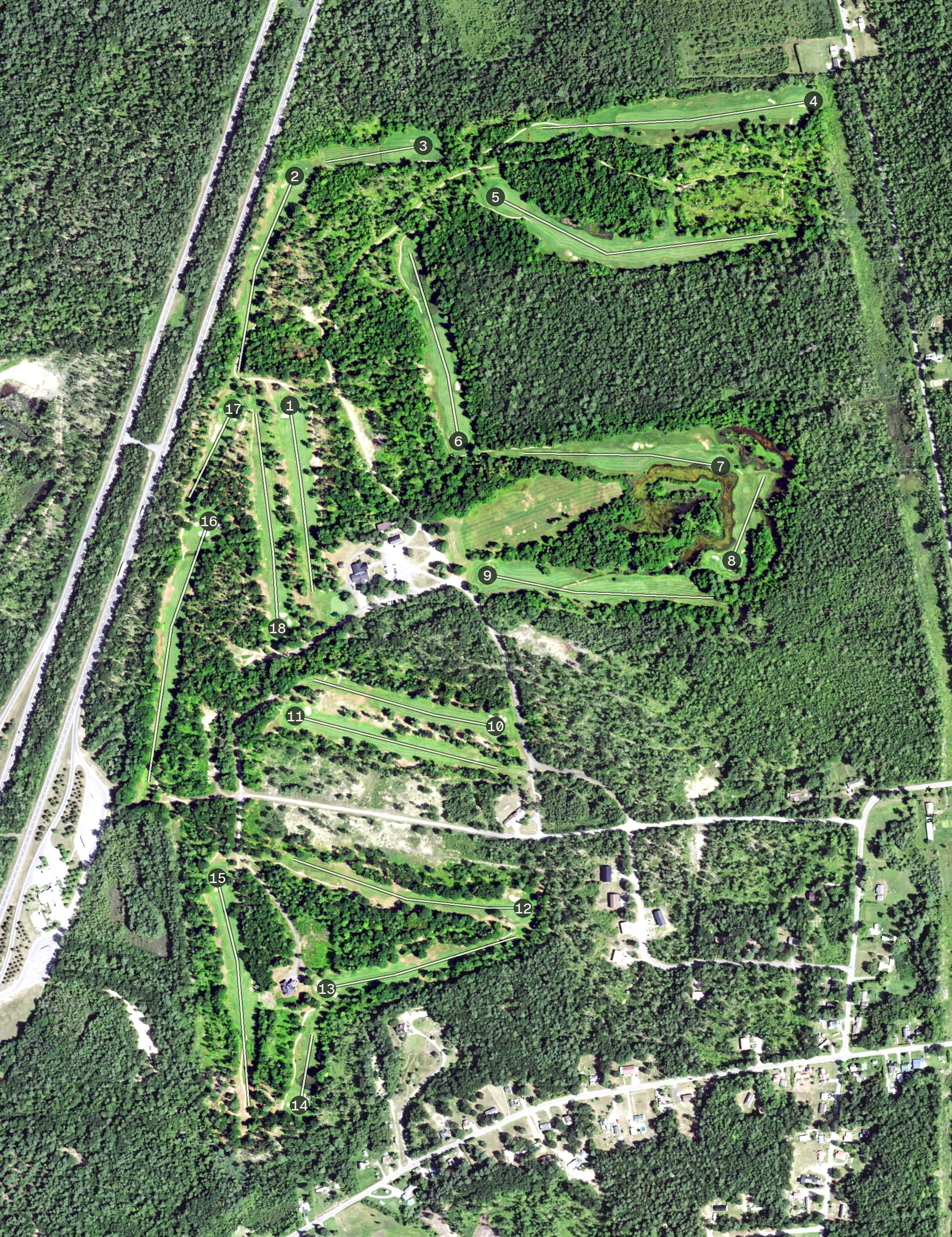 Aerial view of Adirondack Golf And Country Club, NY, with its hole routing marked