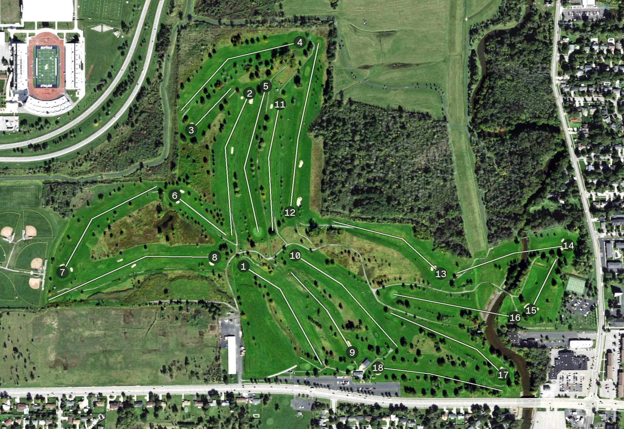 Aerial view of Amherst Audubon Golf Course, NY, with its hole routing marked
