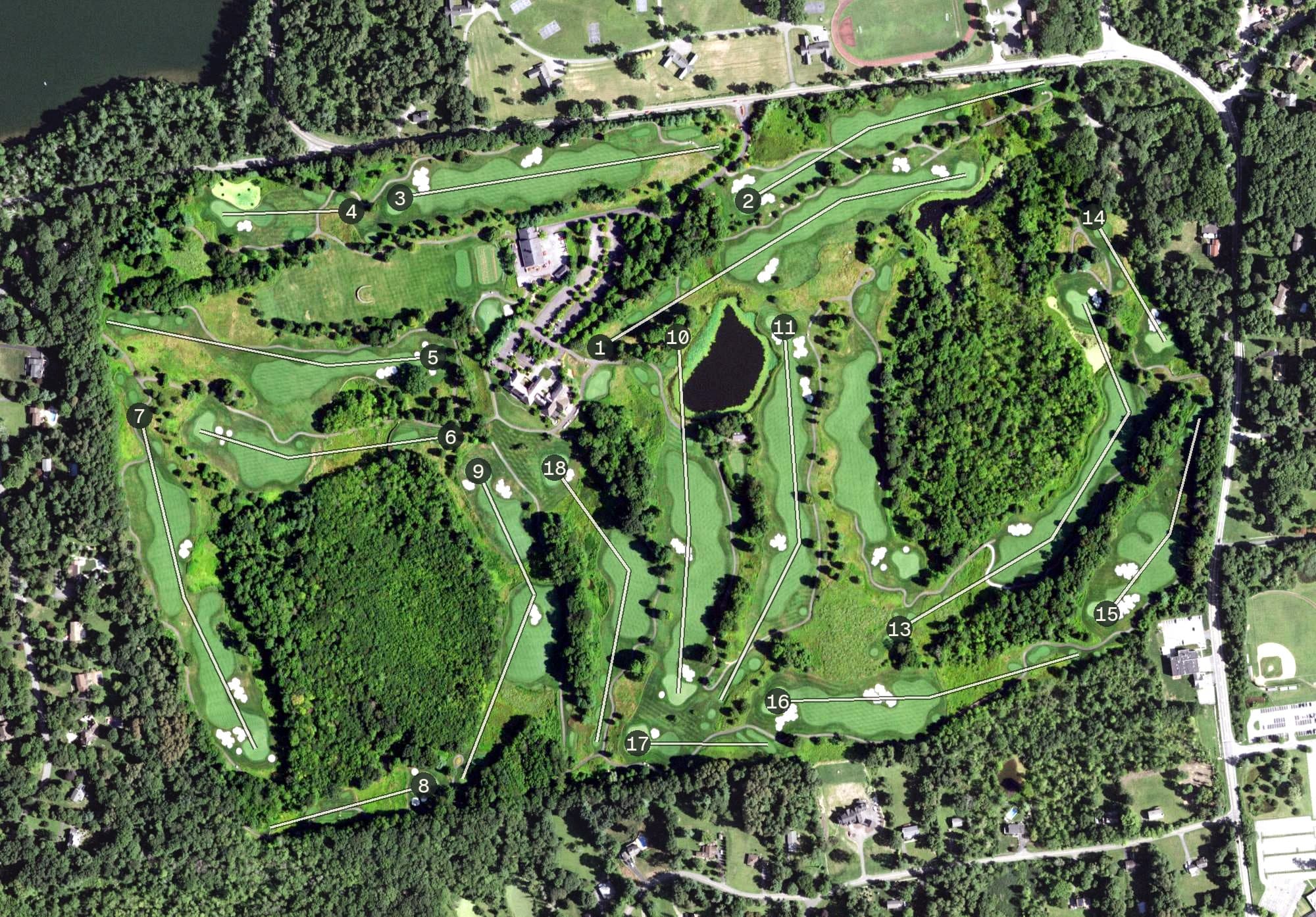 Aerial view of Anglebrook Golf Club, NY, with its hole routing marked