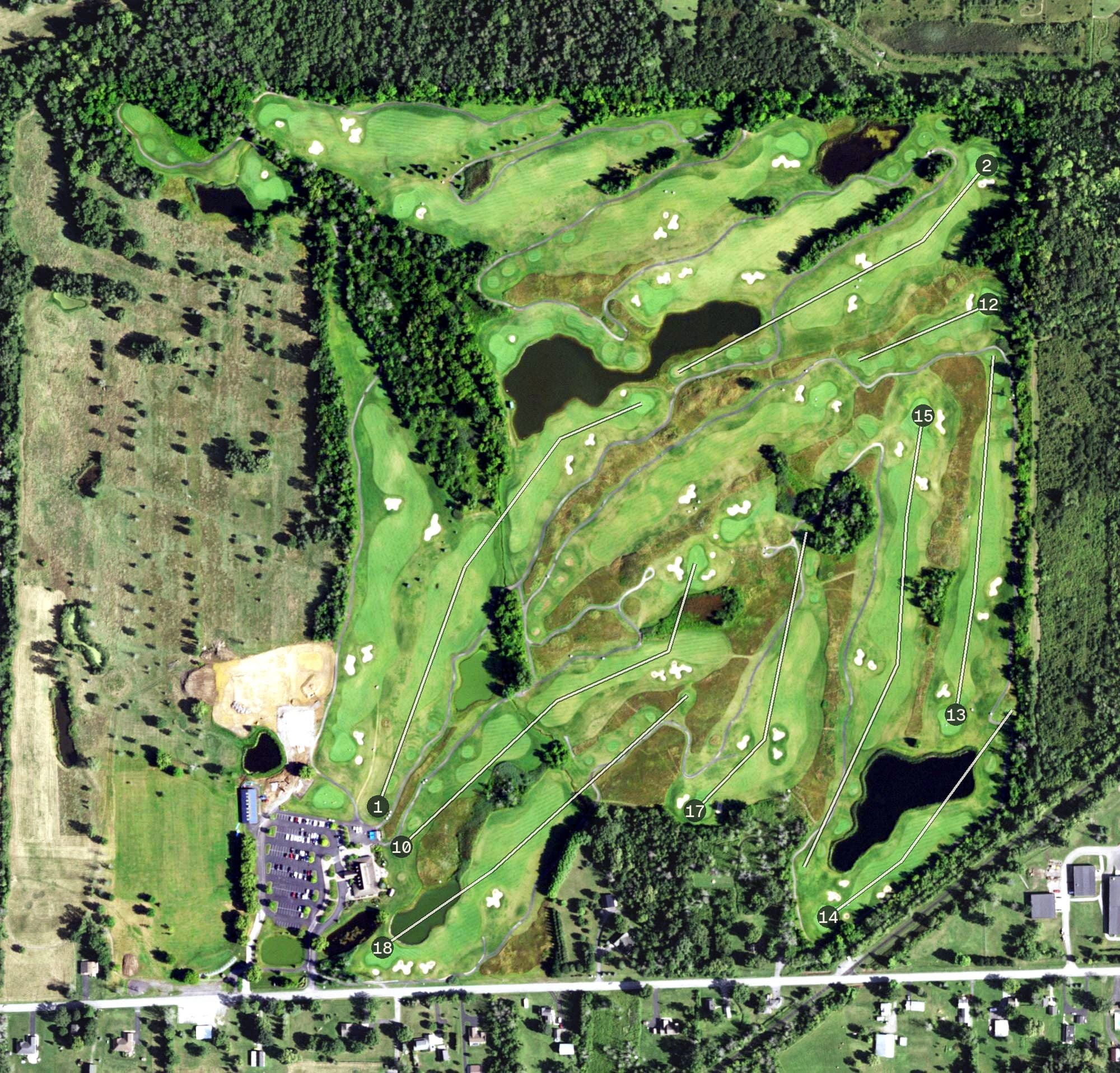 Aerial view of Arrowhead Golf Club, NY, with its hole routing marked