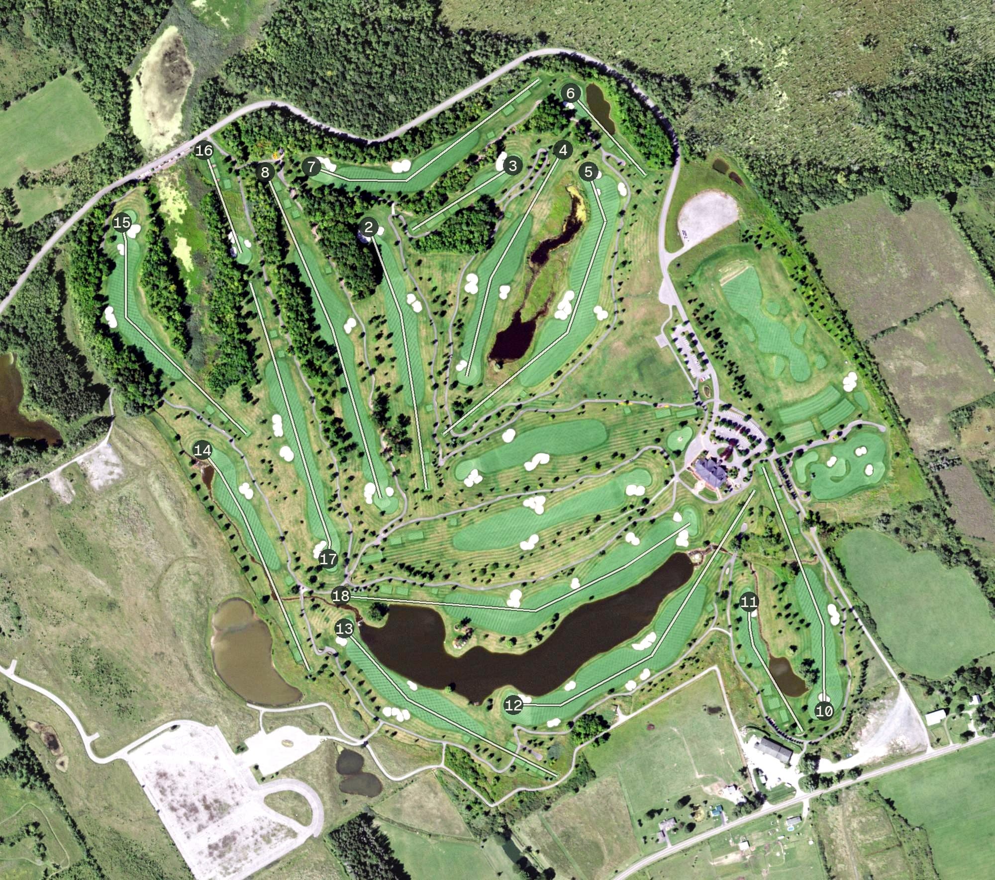 Aerial view of Atunyote at Turning Stone, NY, with its hole routing marked