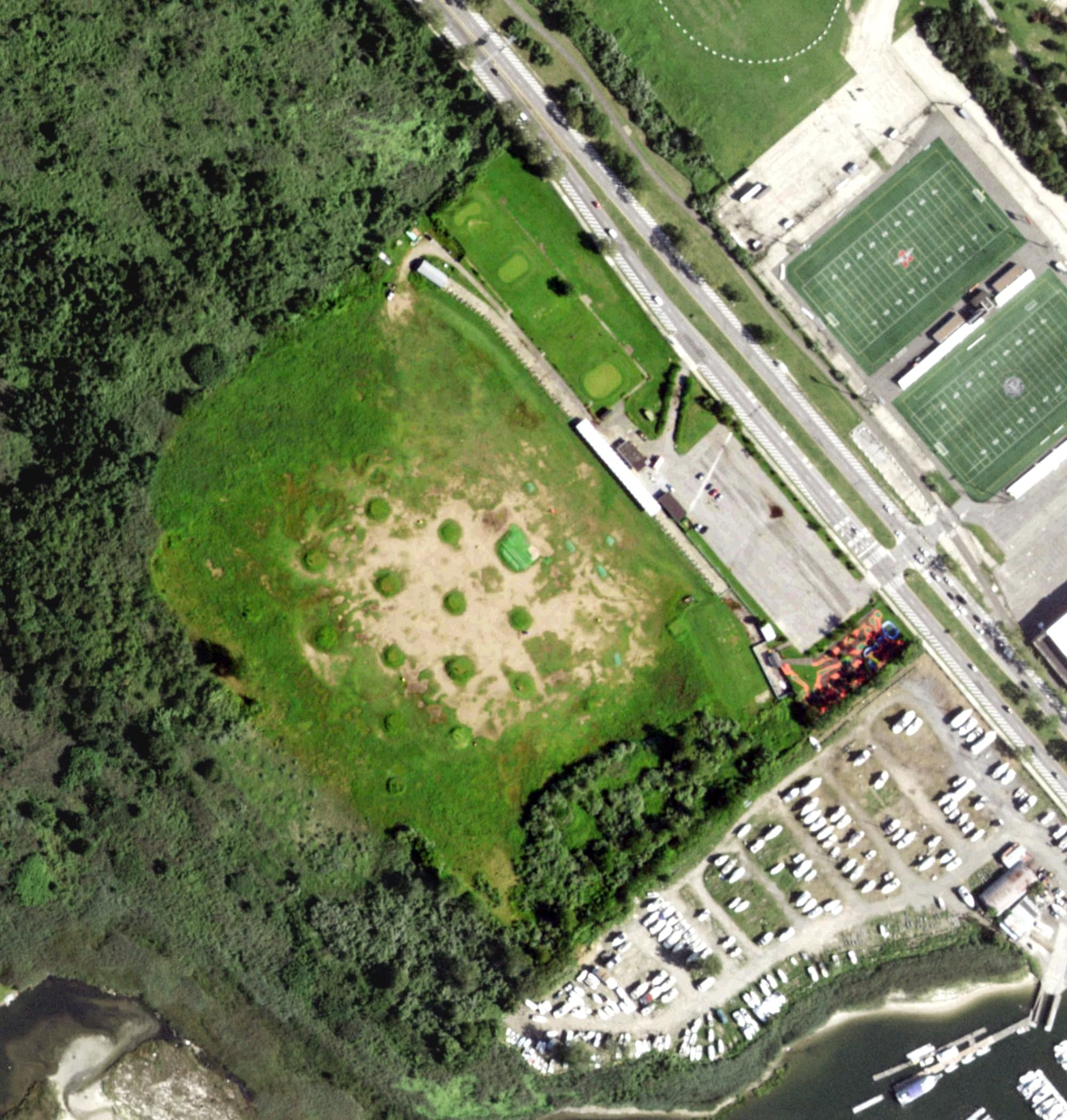 Aerial view of Aviator Golf Center, NY, with its hole routing marked