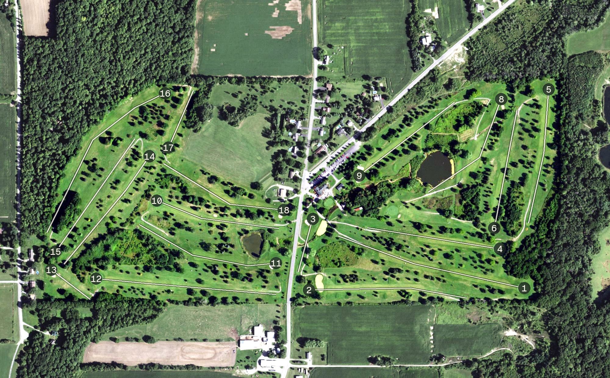 Aerial view of Batavia Country Club, NY, with its hole routing marked
