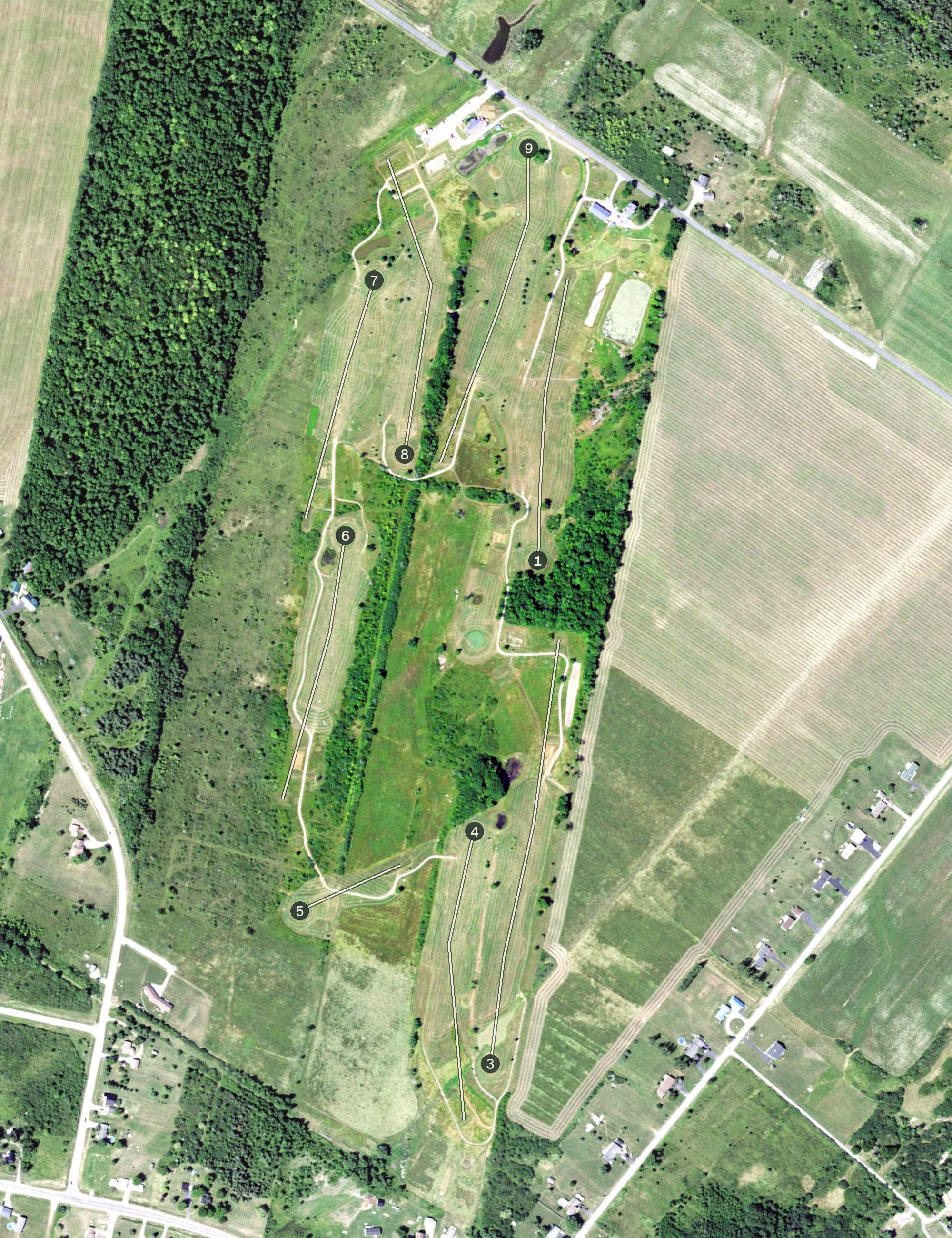 Aerial view of Bay Breeze Golf Links, NY, with its hole routing marked