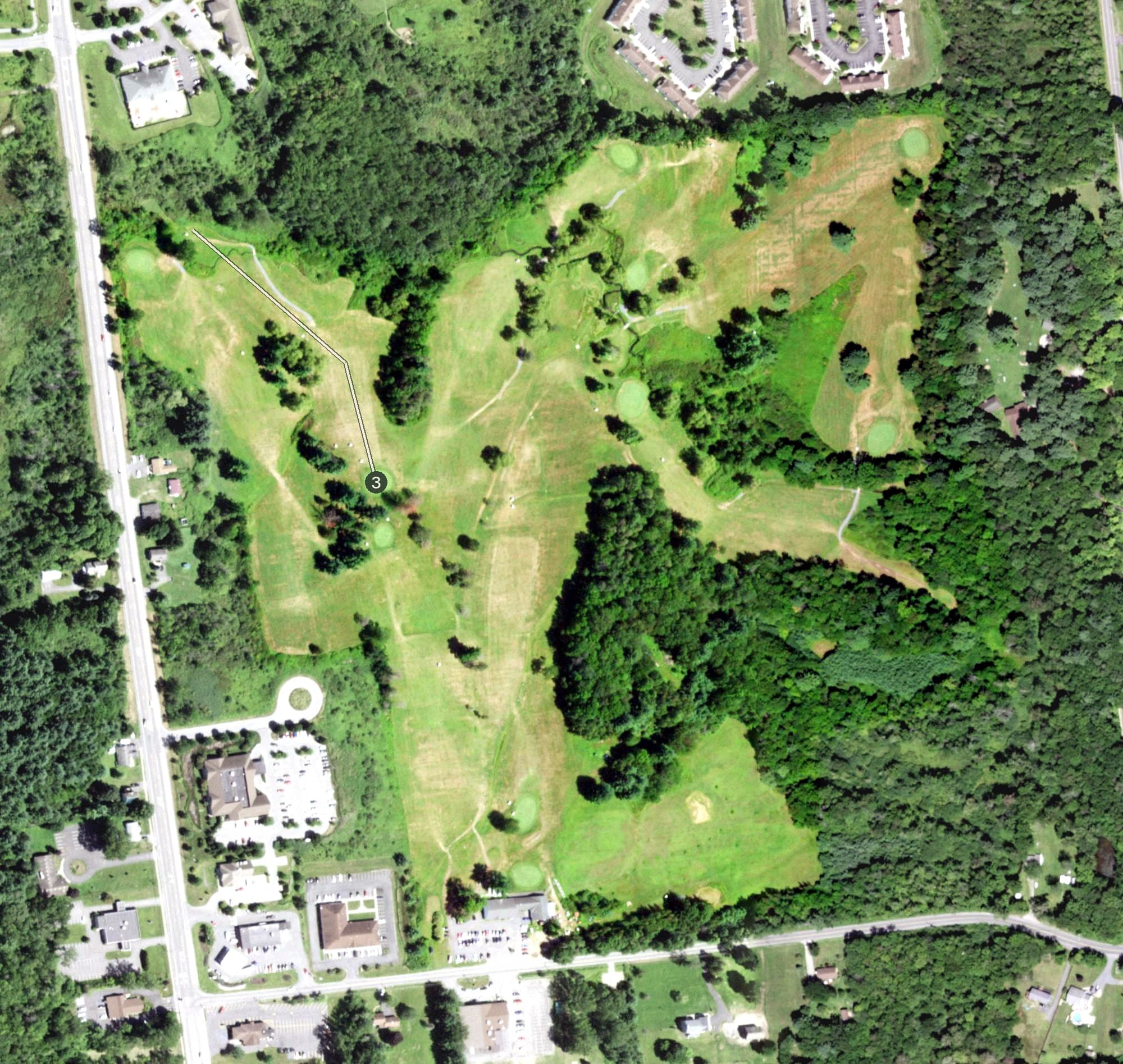 Aerial view of Bay Meadows, NY, with its hole routing marked