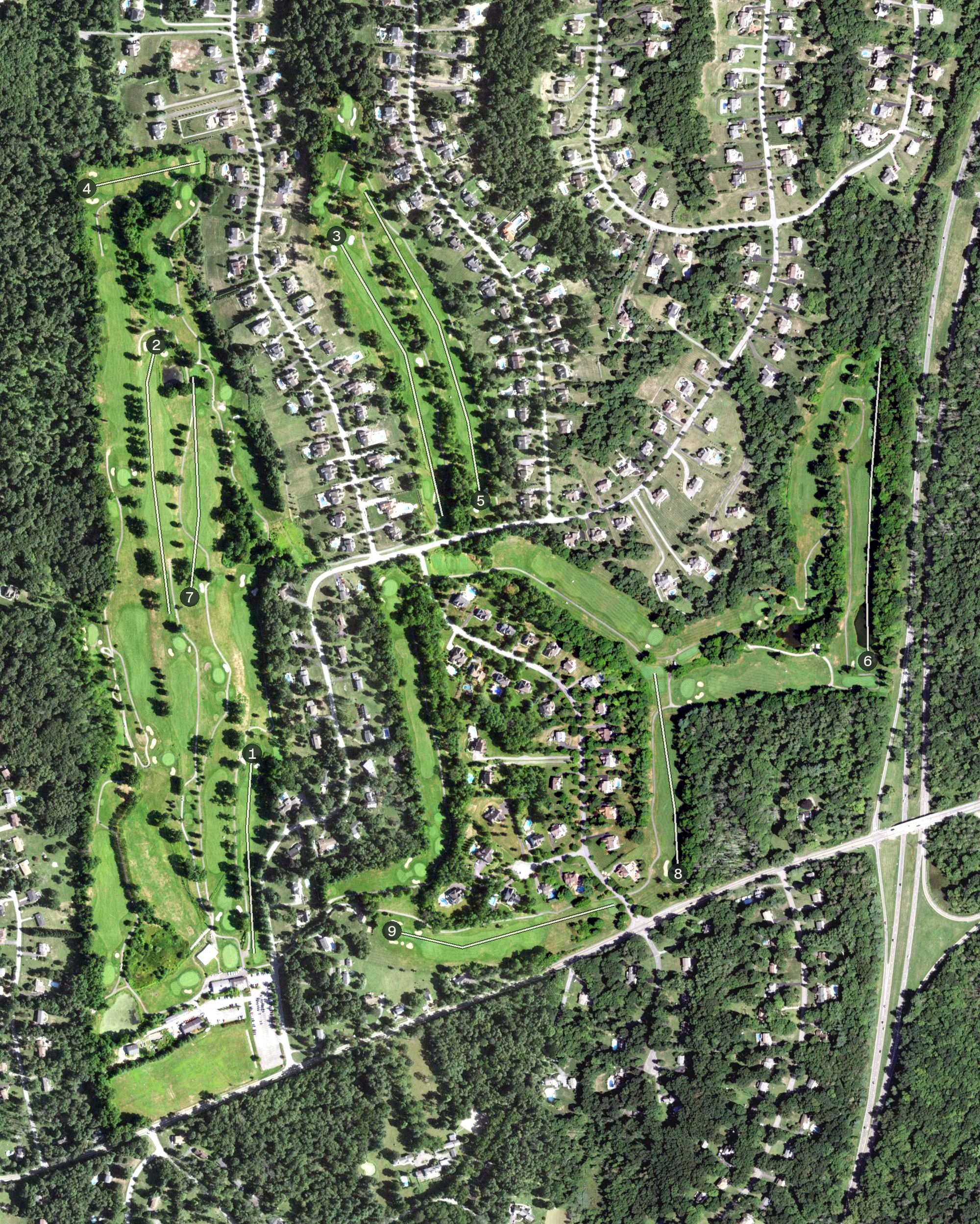 Aerial view of Beekman Golf Course, NY, with its hole routing marked