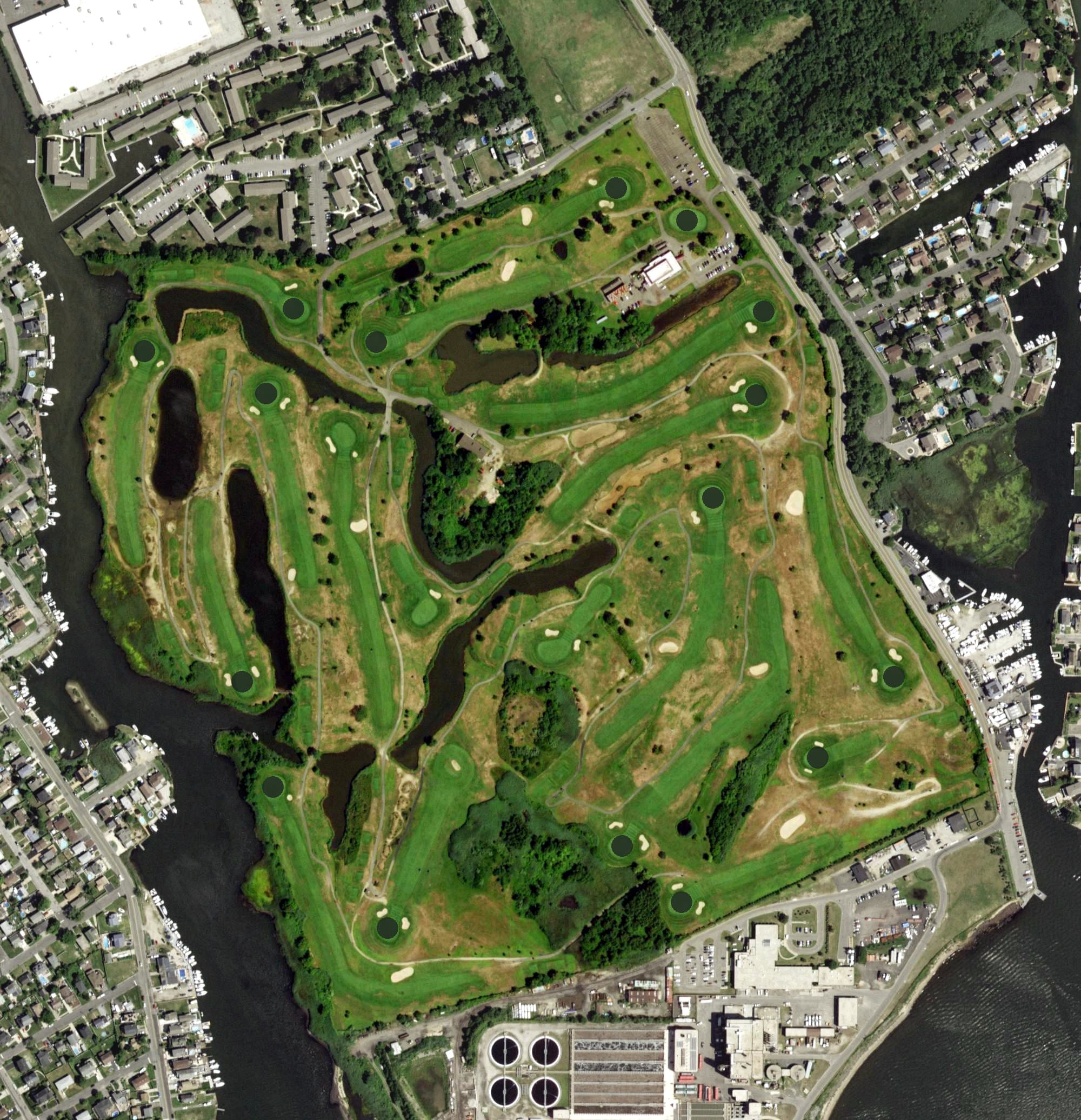 Aerial view of Bergen Point Golf Course, NY, with its hole routing marked
