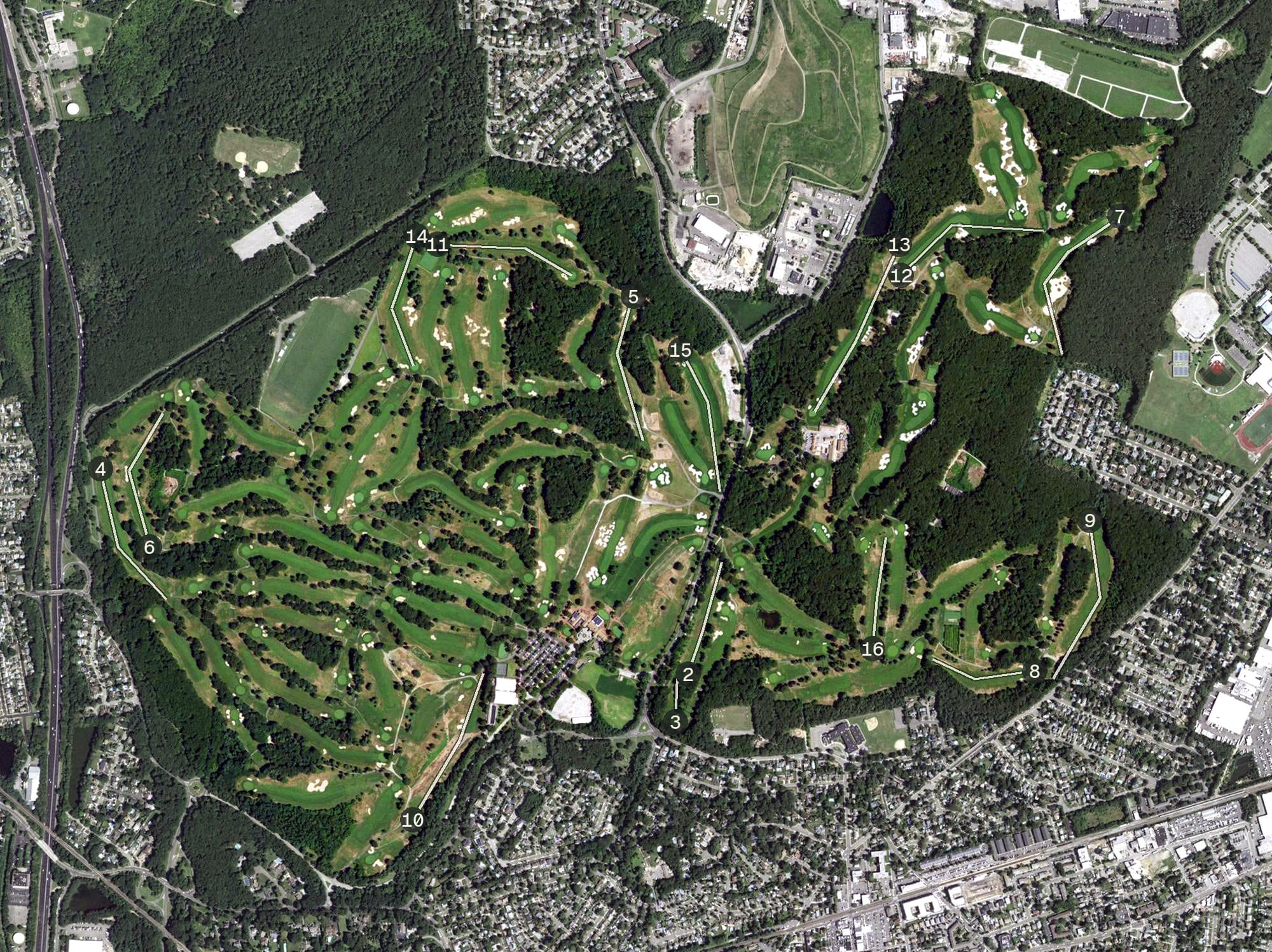 Aerial view of Bethpage State Park Golf Courses, NY, with its hole routing marked