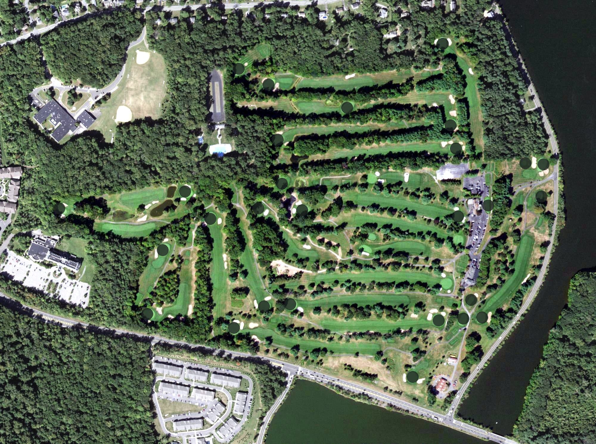 Aerial view of Blue Hill Golf Course, NY, with its hole routing marked