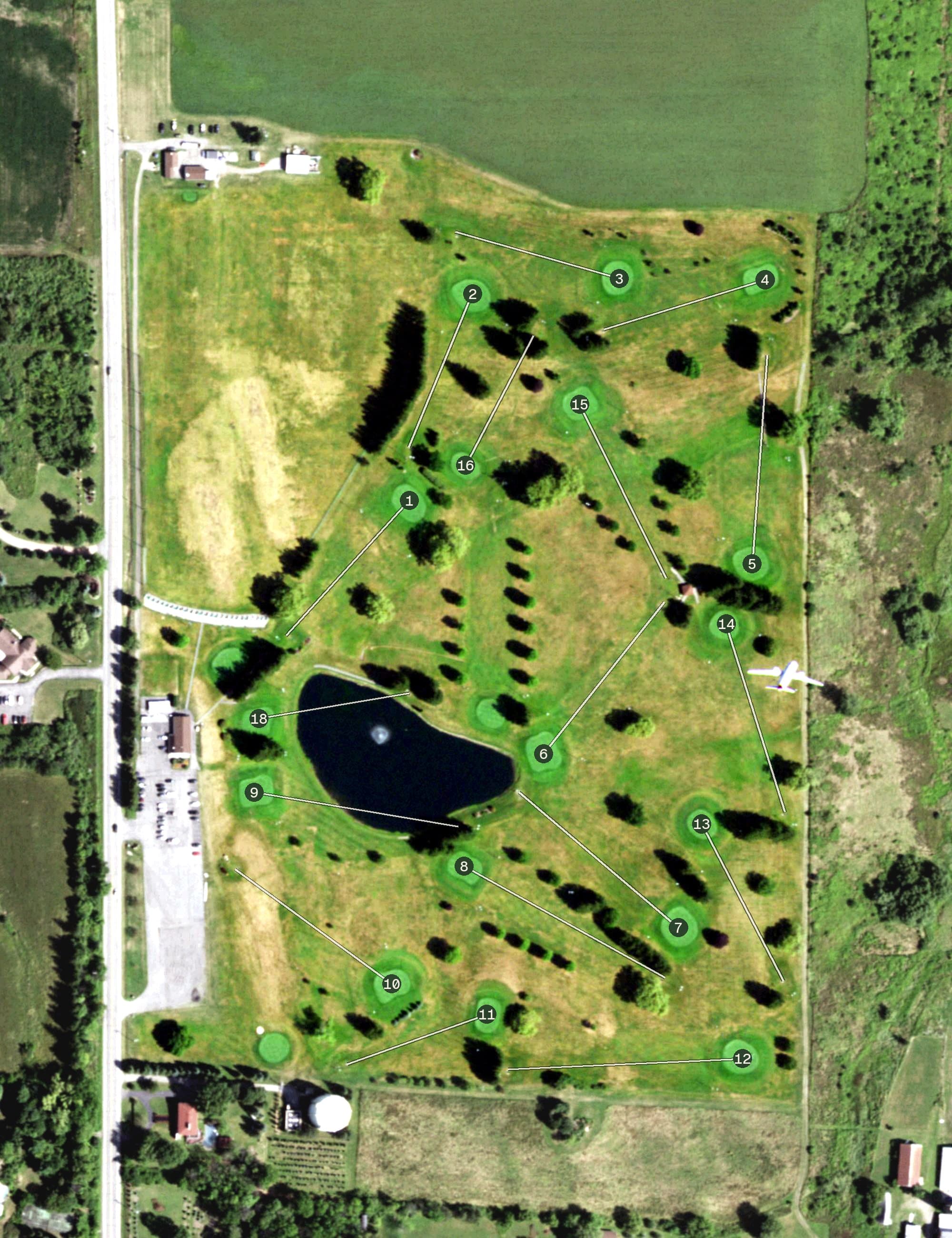 Aerial view of Bob-O-Link Golf Club, NY, with its hole routing marked