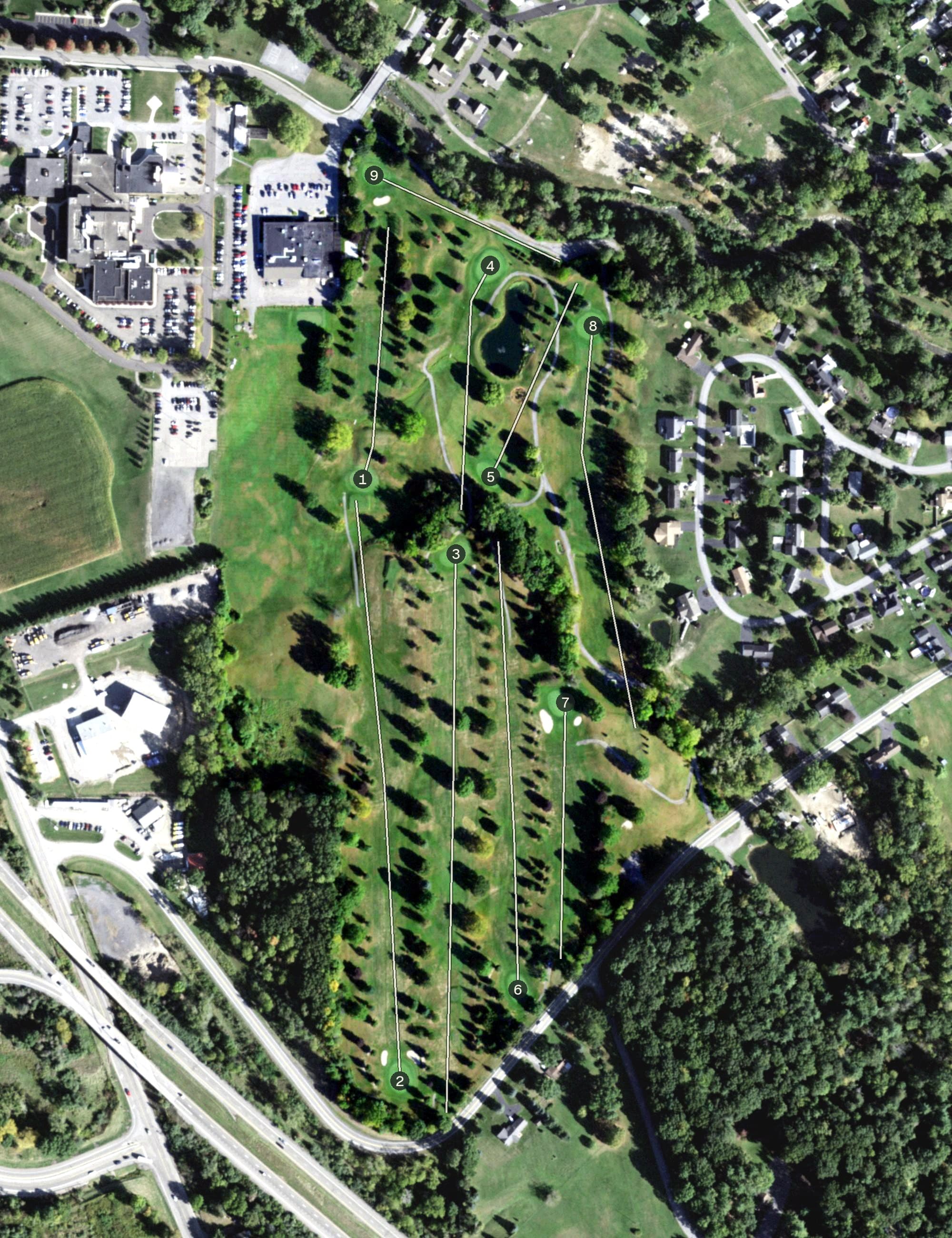 Aerial view of Brae Burn Golf Course, NY, with its hole routing marked