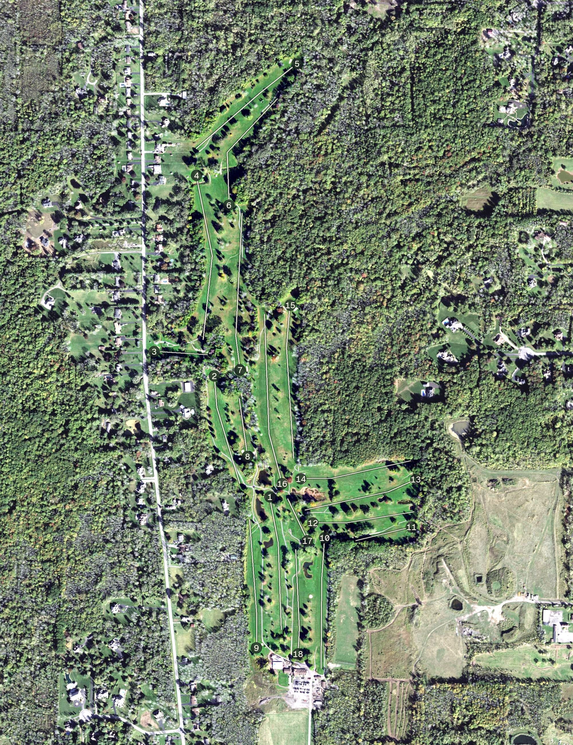 Aerial view of Braemar Country Club, NY, with its hole routing marked