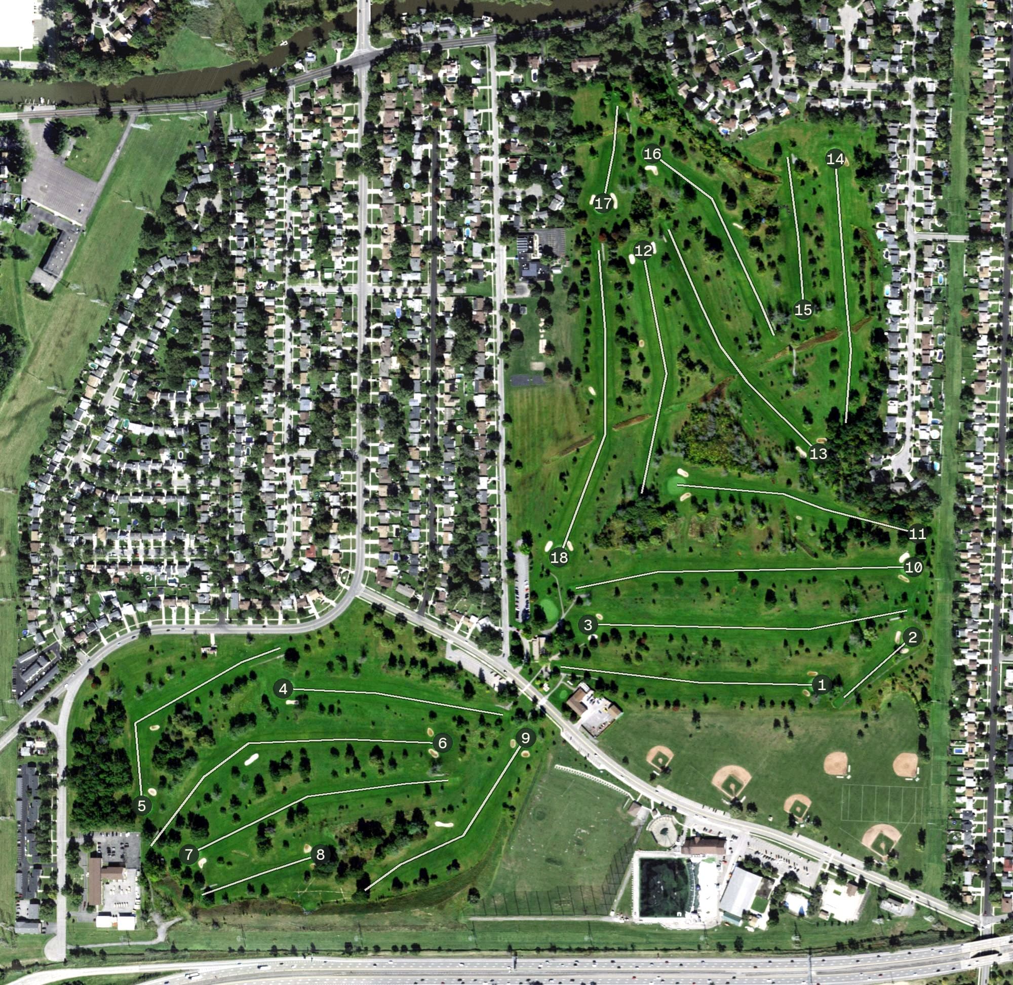 Aerial view of Brighton Park Golf Course, NY, with its hole routing marked