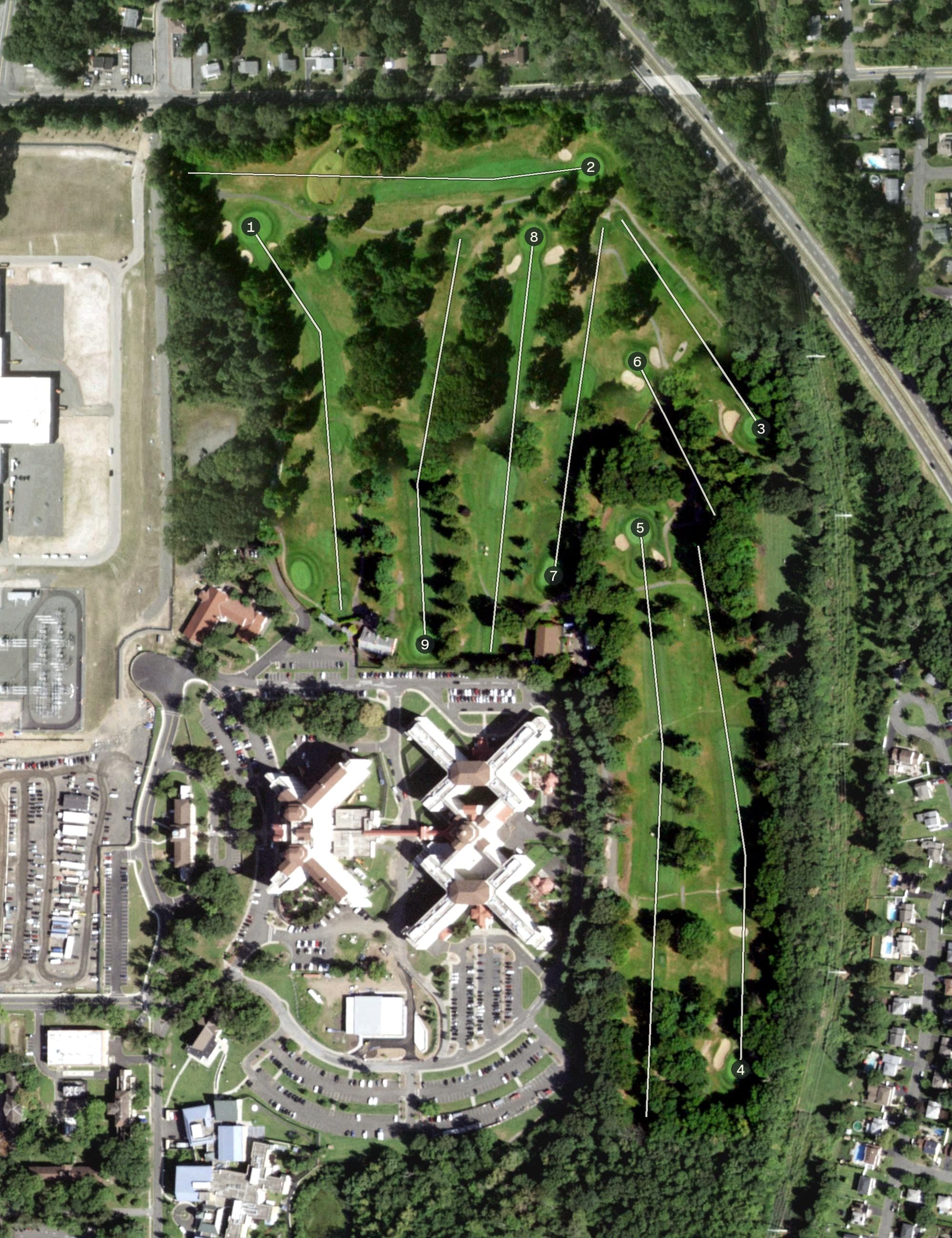 Aerial view of Broadacres Golf Club, NY, with its hole routing marked