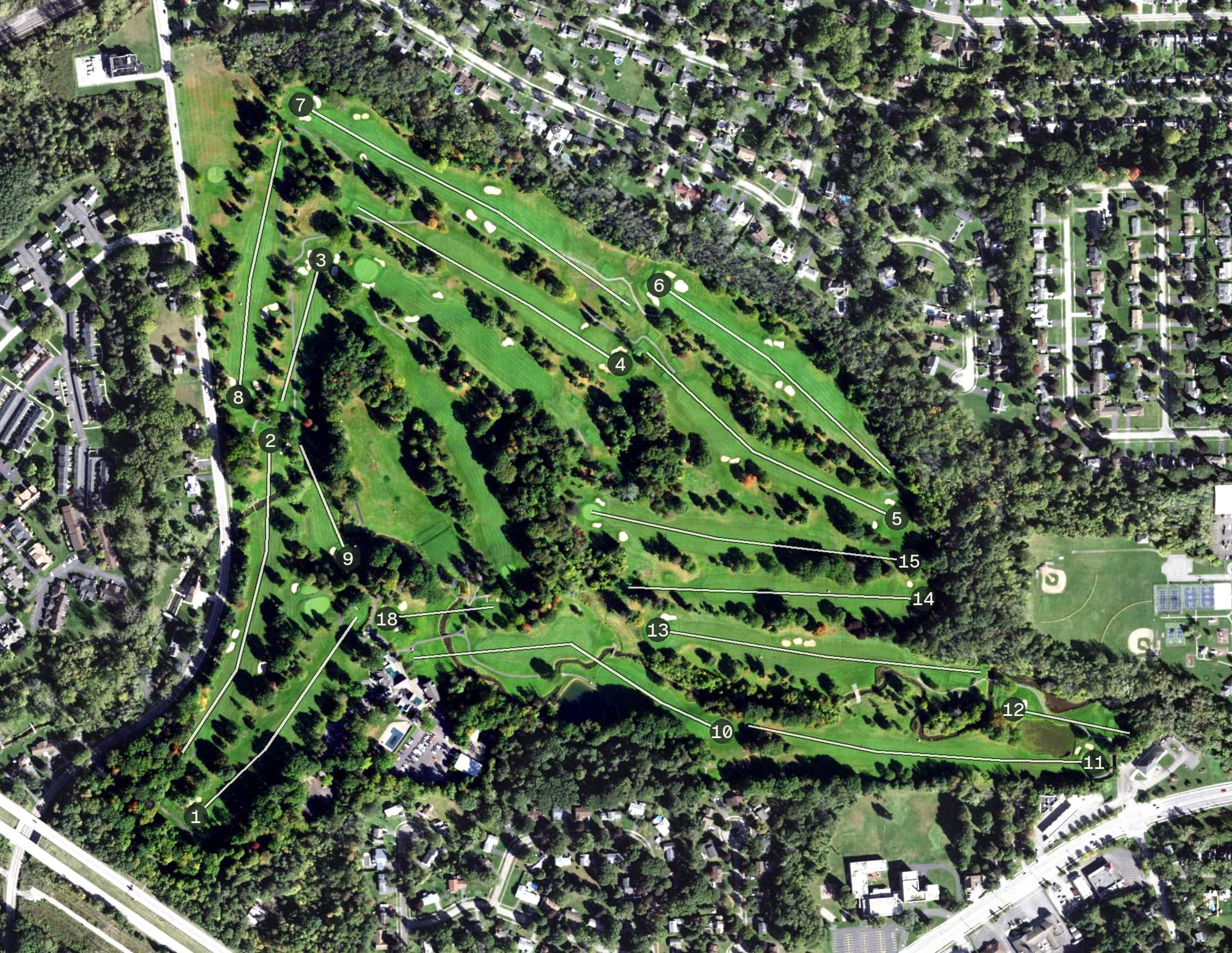 Aerial view of Brook-Lea Country Club, NY, with its hole routing marked