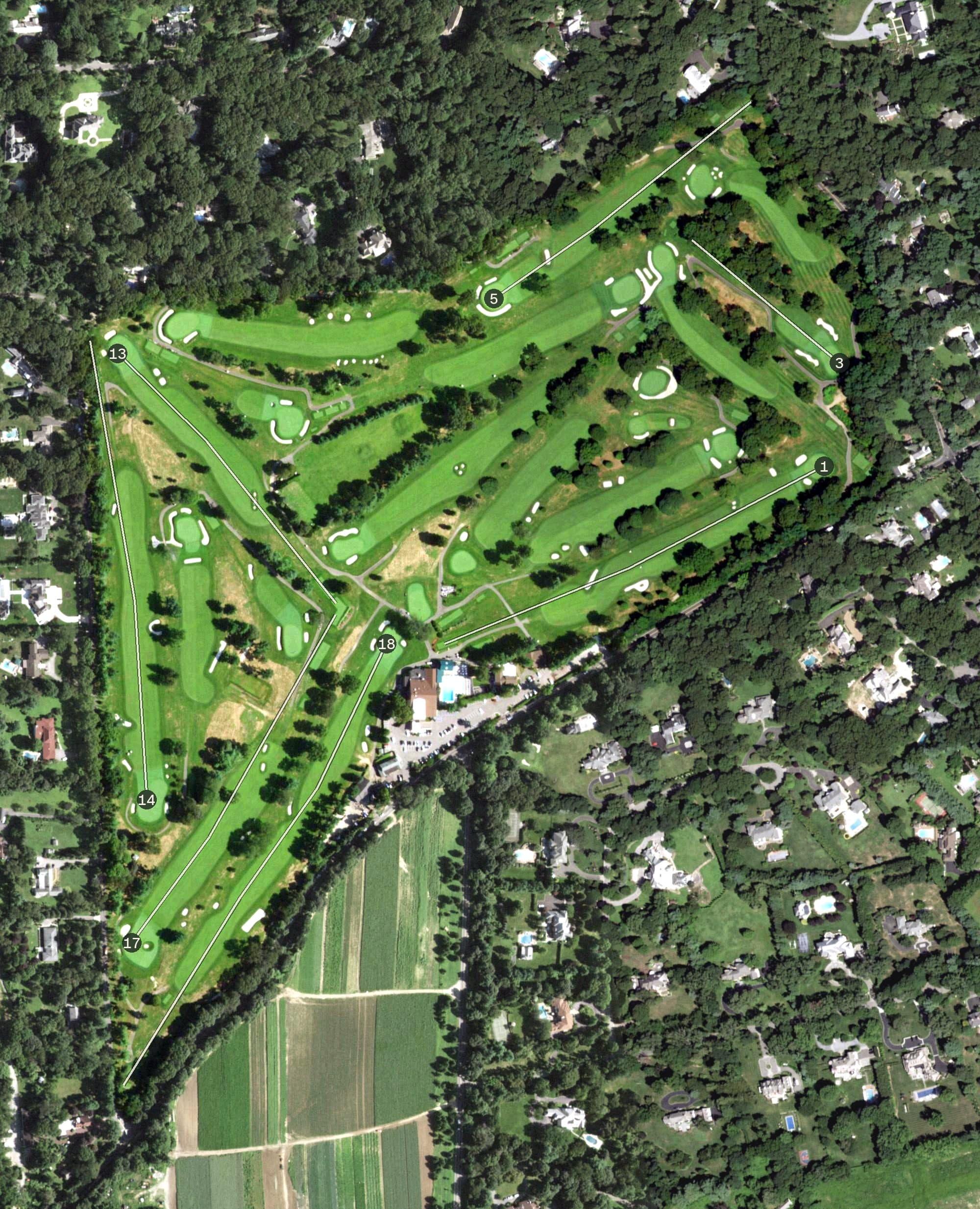 Aerial view of Brookville Country Club, NY, with its hole routing marked