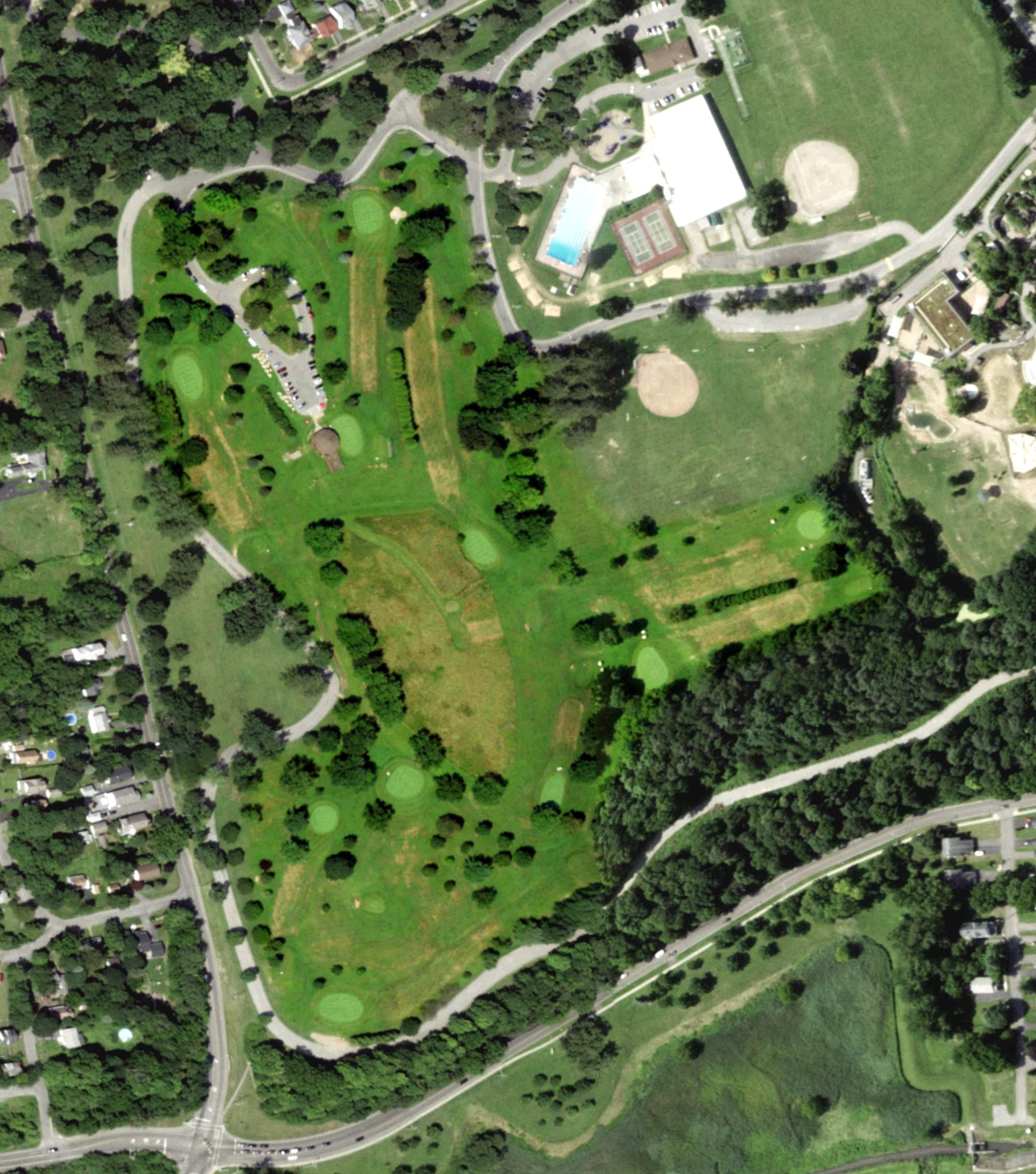 Aerial view of Burnet Park Golf Course, NY, with its hole routing marked
