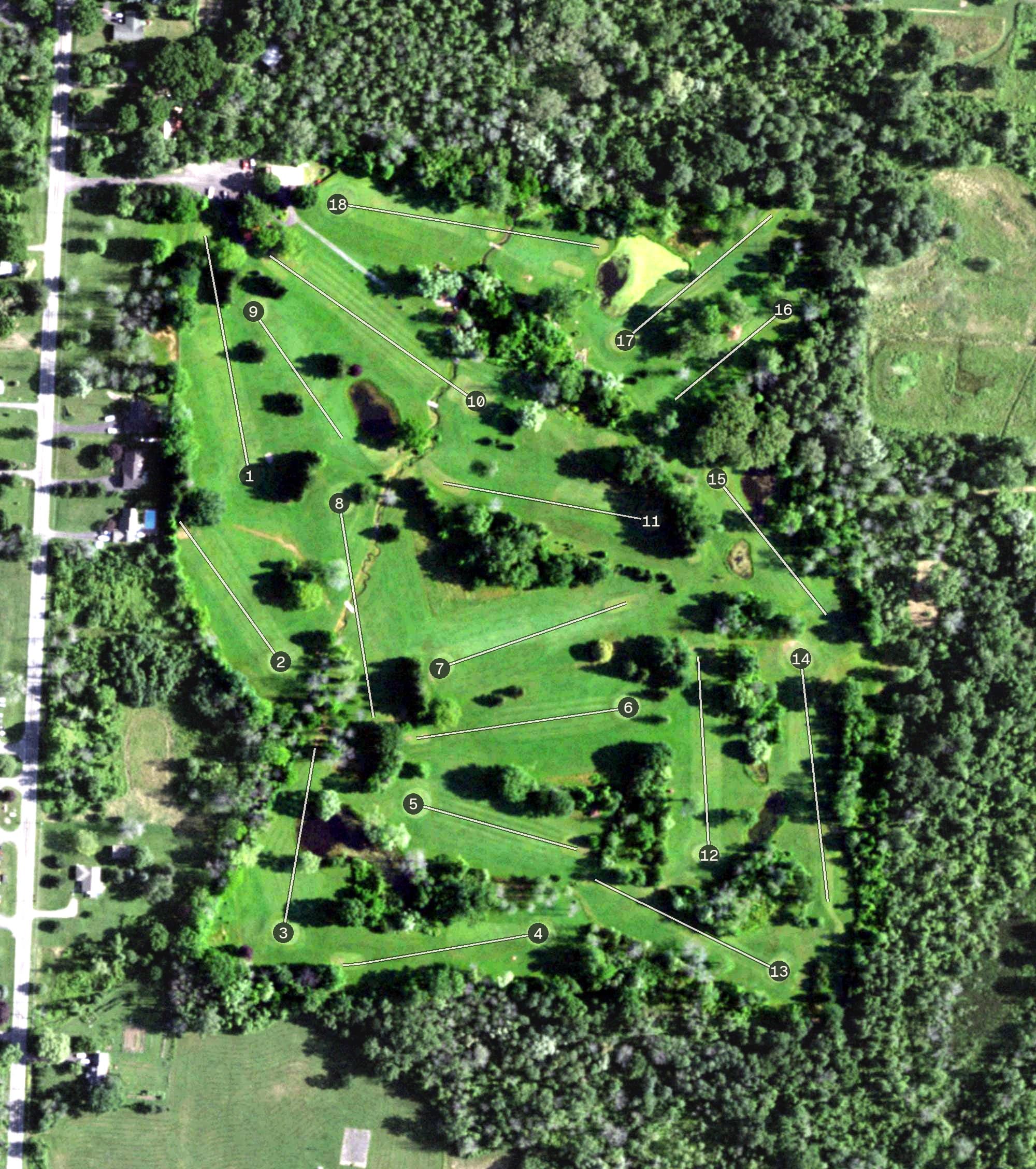 Aerial view of Buttonwood Golf Course, NY, with its hole routing marked