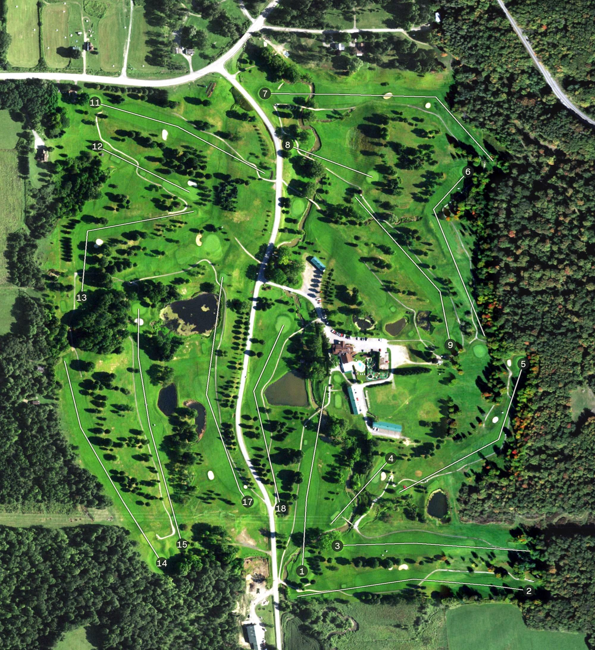 Aerial view of Byrncliff Golf Resort, NY, with its hole routing marked
