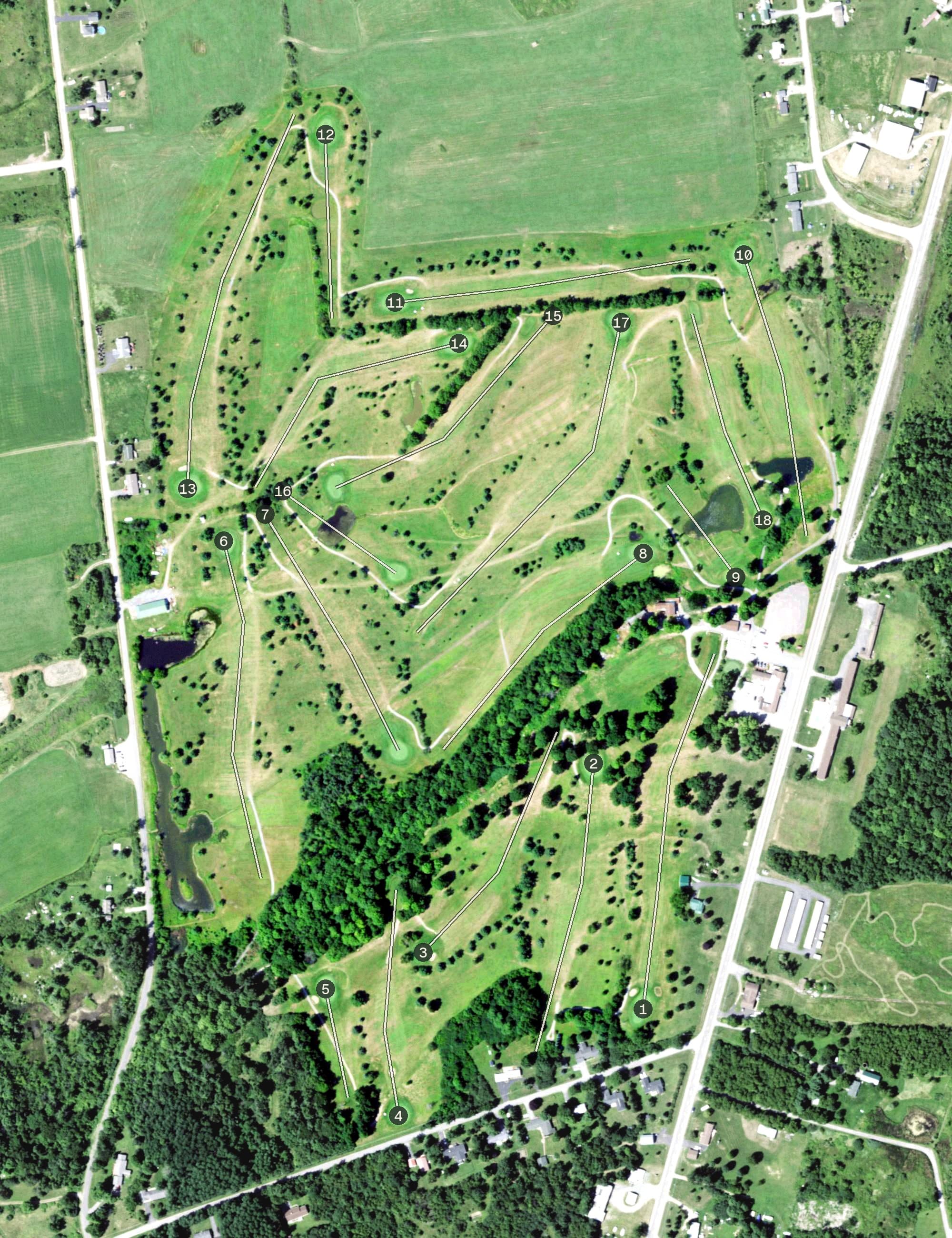 Aerial view of C-Way Golf Club, NY, with its hole routing marked