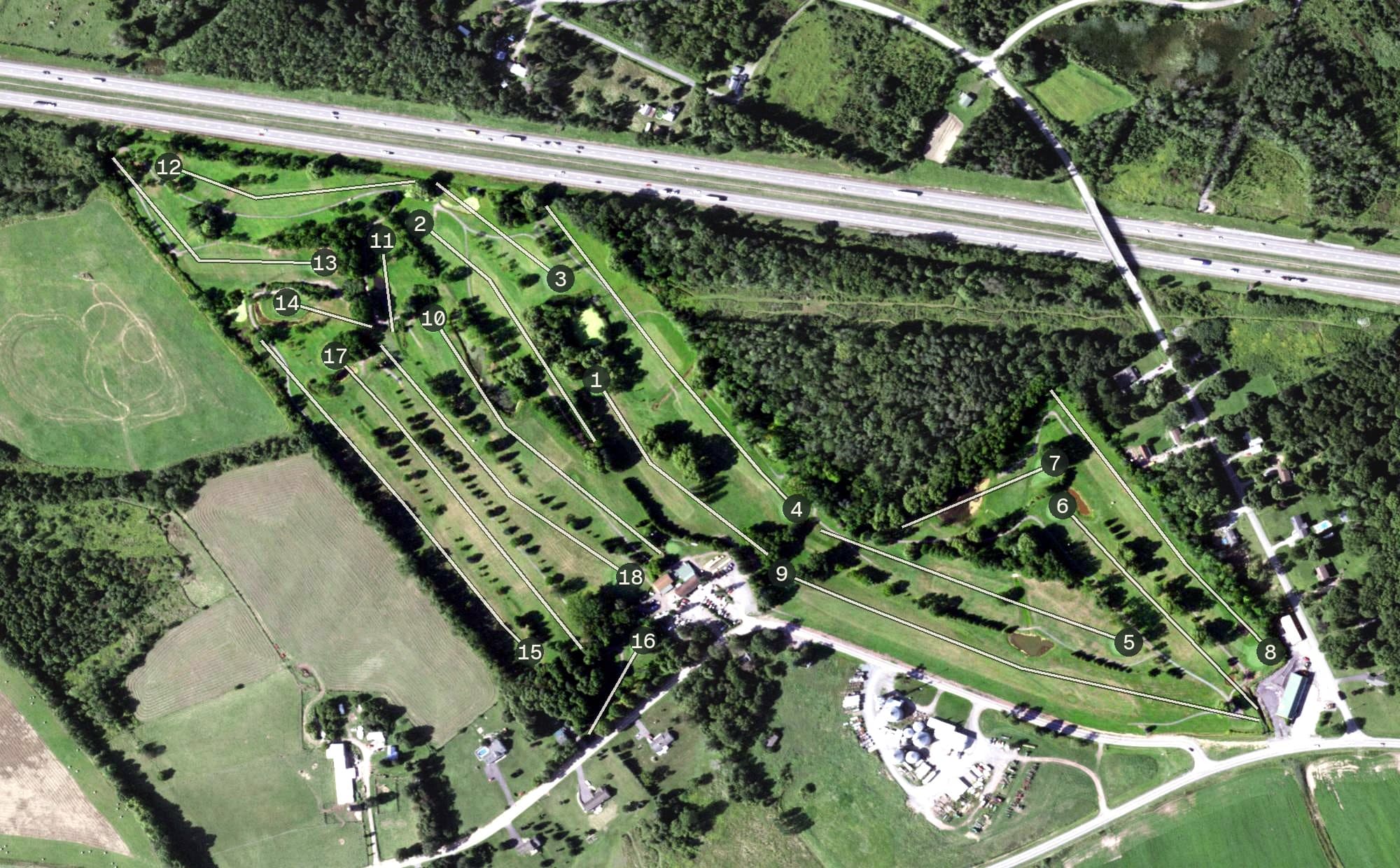 Aerial view of Casolwood Golf Course, NY, with its hole routing marked
