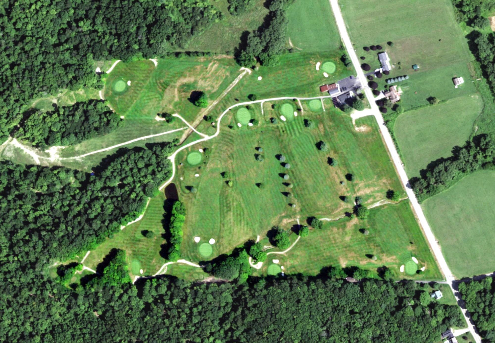 Aerial view of Cassadaga Lakes Golf Club, NY, with its hole routing marked