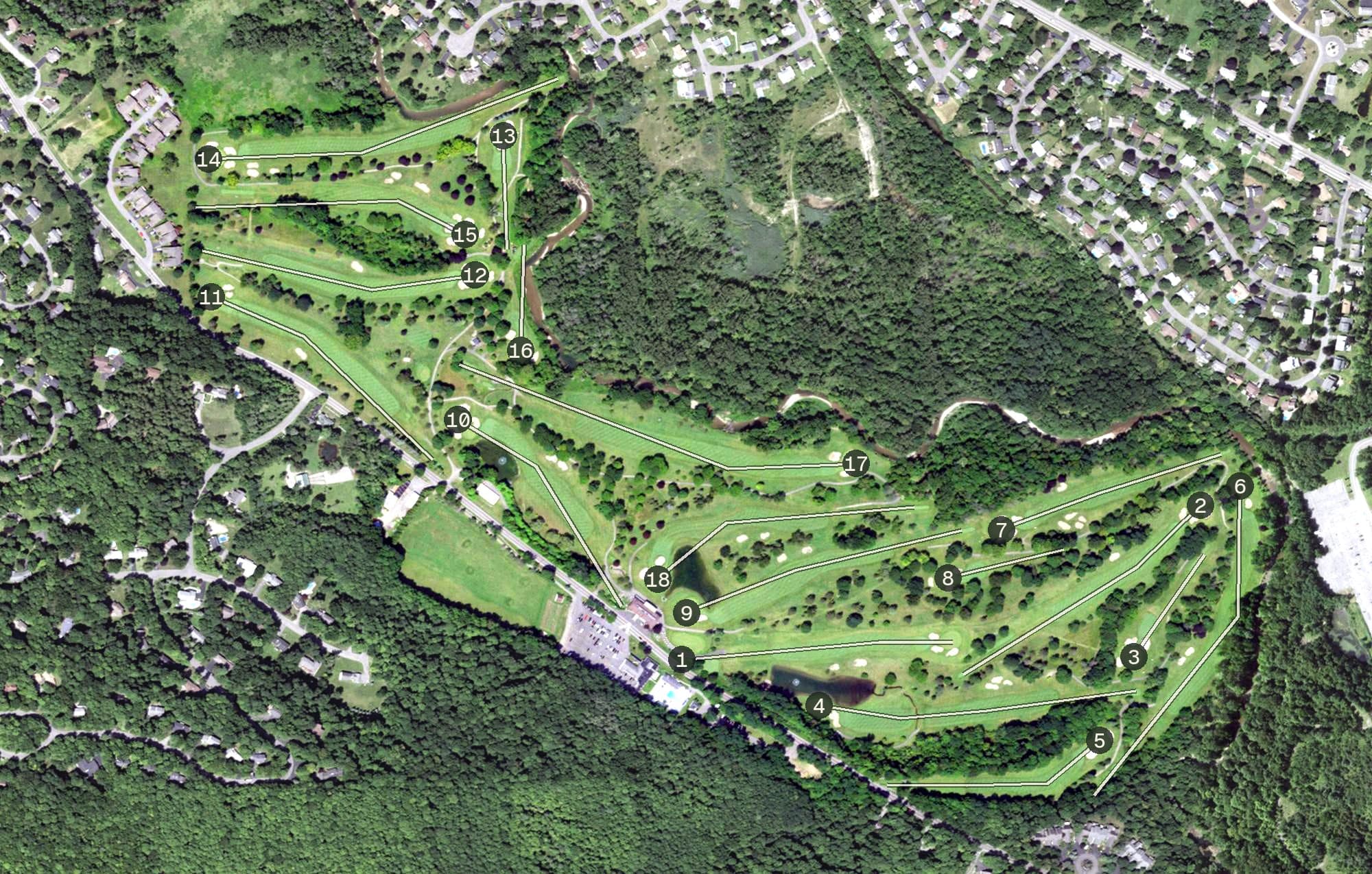 Aerial view of Cavalry Club, NY, with its hole routing marked