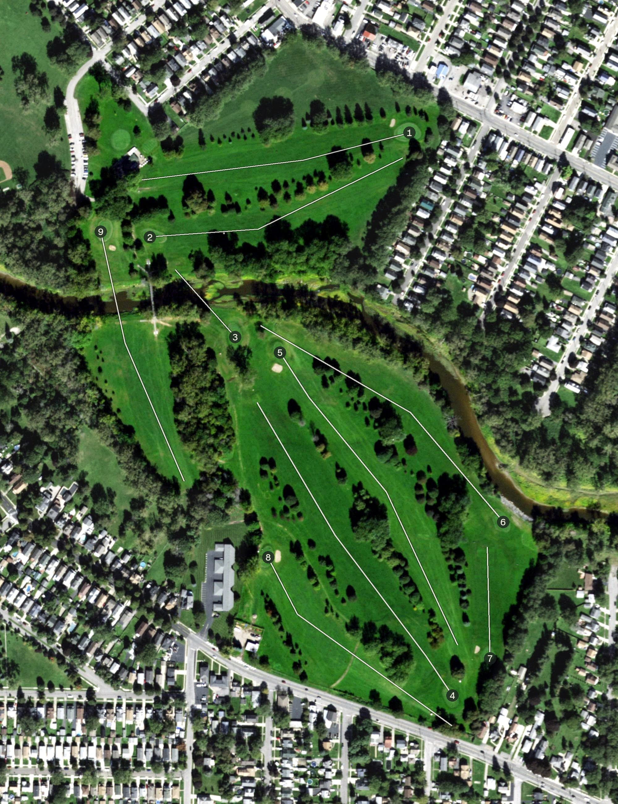 Aerial view of Cazenovia Park Golf Course, NY, with its hole routing marked