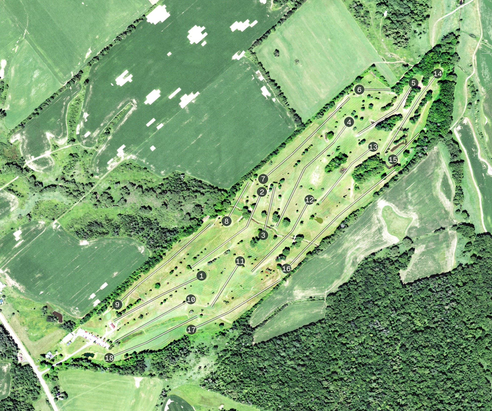 Aerial view of Cedars Golf Course, NY, with its hole routing marked