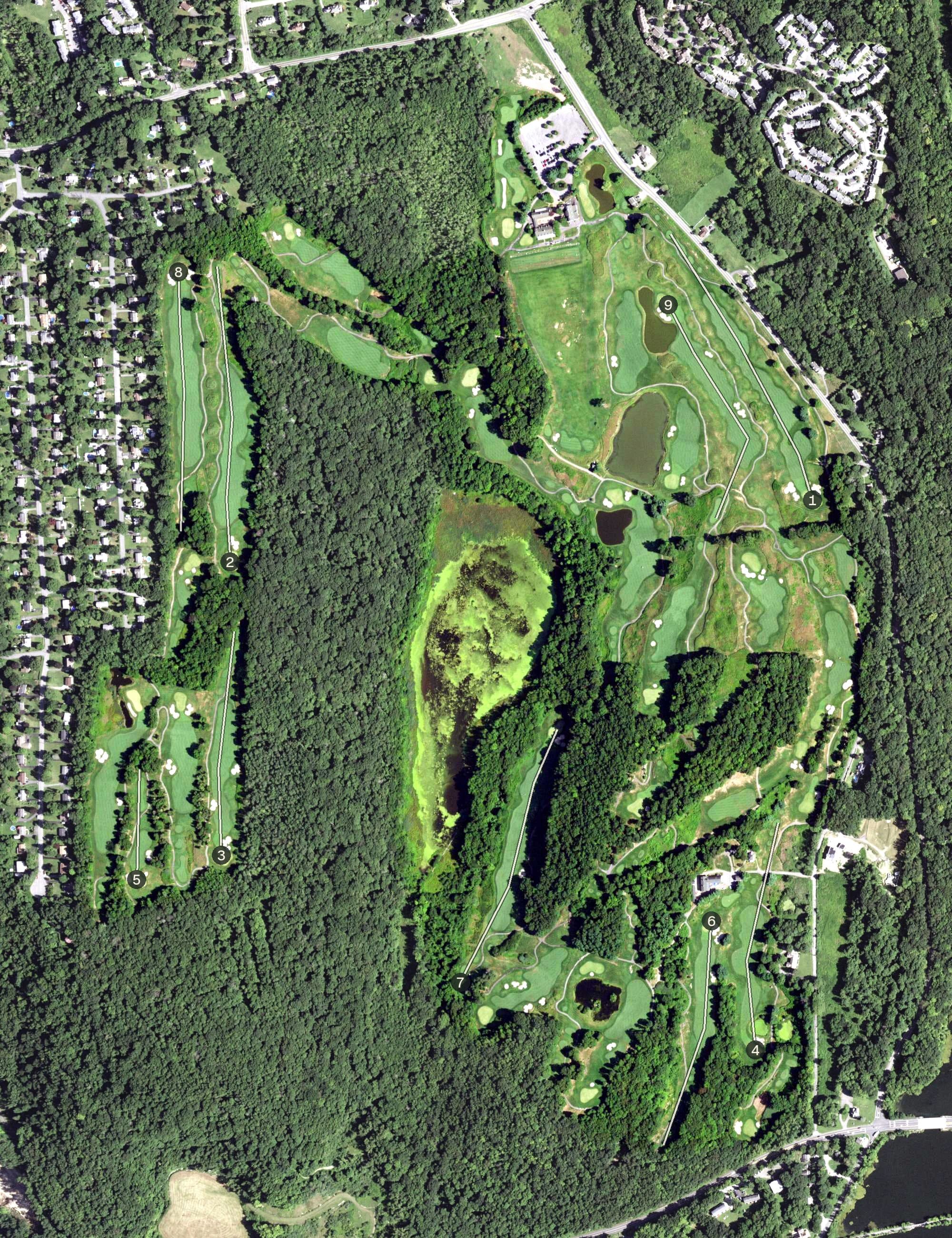 Aerial view of Centennial Golf Club, NY, with its hole routing marked